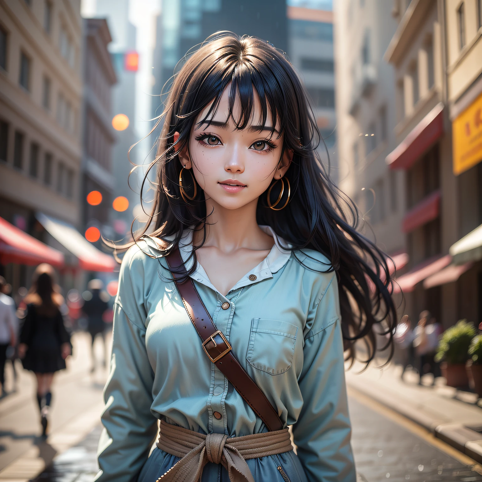 (8K, Best Quality, Masterpiece: 1.2), (Realistic, Realistic: 1.37), Super Detailed, Best Quality, Ultra High Resolution, Professional Lighting, Photon Mapping, Teleportion, Physically Based Rendering, Film Lighting, Pedestrian Street, Rainy Depth of Field, Clear Focus, Sunlight, Good Composition, (Bokeh: 1.2) 1girl, Solo, (Close Up View), Beautiful Detailed Eyes, Smiley Face, Pose, Narrow Waist, Mid-Chest, (Random colorful clothes ), black hair, messy hair, long hair fluttering in the wind, (ulzzang-6500:1.2) --auto