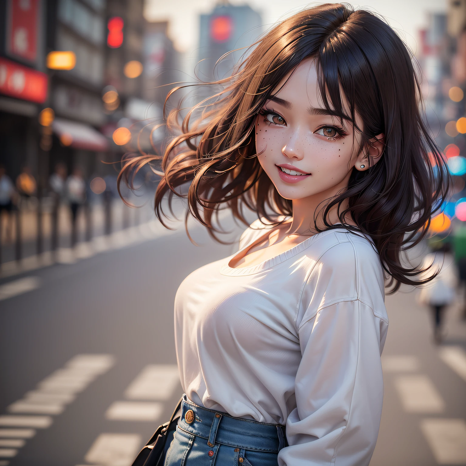 (8K, Best Quality, Masterpiece: 1.2), (Realistic, Realistic: 1.37), Super Detailed, Best Quality, Ultra High Resolution, Professional Lighting, Photon Mapping, Teleportion, Physically Based Rendering, Film Lighting, Pedestrian Street, Rainy Depth of Field, Clear Focus, Sunlight, Good Composition, (Bokeh: 1.2) 1girl, Solo, (Close Up View), Beautiful Detailed Eyes, Smiley Face, Pose, Narrow Waist, Mid-Chest, (Random colorful clothes ), black hair, messy hair, long hair fluttering in the wind, (ulzzang-6500:1.2) --auto