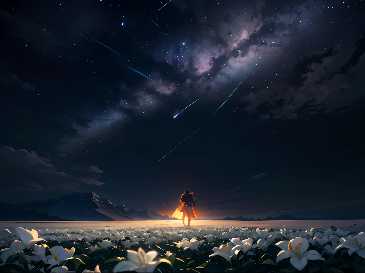 Vast landscape photo (upper sky, lower view of field), girl standing in a field of white lilies looking up, (full moon: 1.2), (shooting star: 0.9), (nebula: 1.3), far away mountain, tree BREAK
Production art, (warm light: 1.2), (firefly: 1.2), lamps, lots of purples and oranges, intricate details, 3D lighting BREAK
(Masterpiece: 1.2), (Best Quality), 4k, Ultra Detailed, (Dynamic Composition: 1.4), Very Detailed, Colorful Detail, (Rainbow: 1.2), (Glowing Lighting, Atmospheric Lighting), Dreamy like magic ( solo:1.2) --auto
