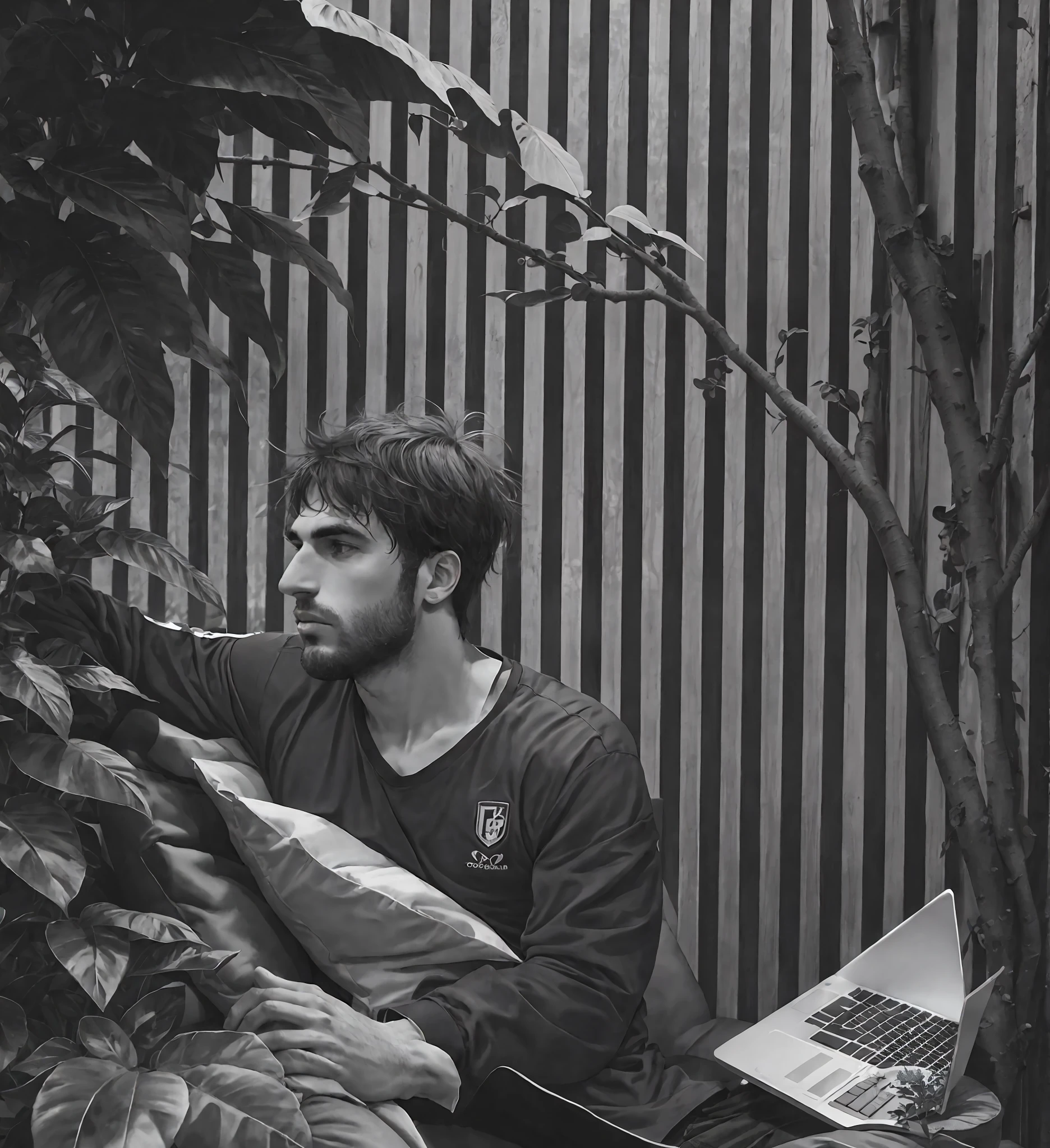 arafed man sitting on a couch with a laptop in his lap, entre folhagens, Federico Pelat, ao lado de uma planta, em uma selva, Pablo Dominguez, amidst nature, Raphael Lecoste, Valentina Embaralhamento, Directed by: Giorgio Cavallon, imagem retrato, zaha hadi, Condutor de Ene, coberto de plantas, thiago lehmann