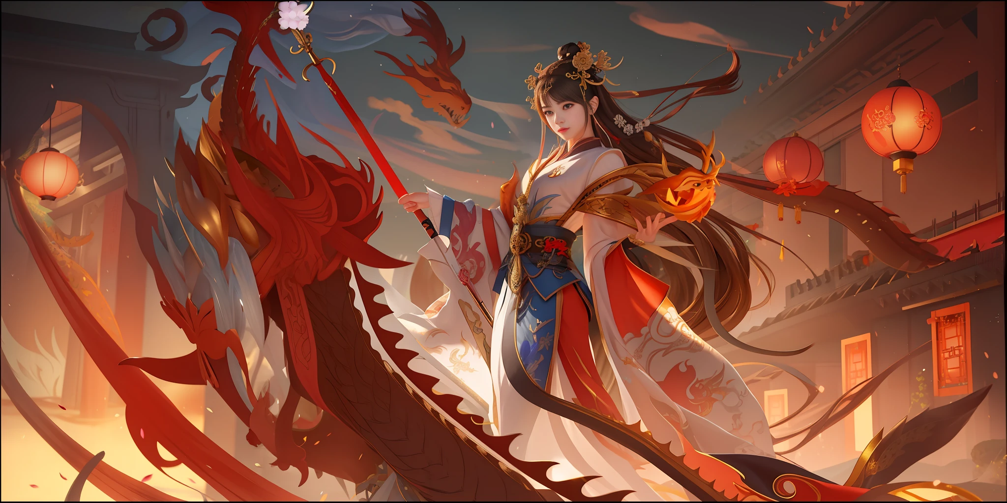 anime girl with a dragon and a sword in a city, Onmyoji detailed art, by Yang J, a beautiful fantasy empress, G Liulian art style, inspired by Ju Lian, inspired by Fenghua Zhong, onmyoji, queen of the sea mu yanling, bian lian, Artgerm and Ruan Jia, anime fantasy illustration