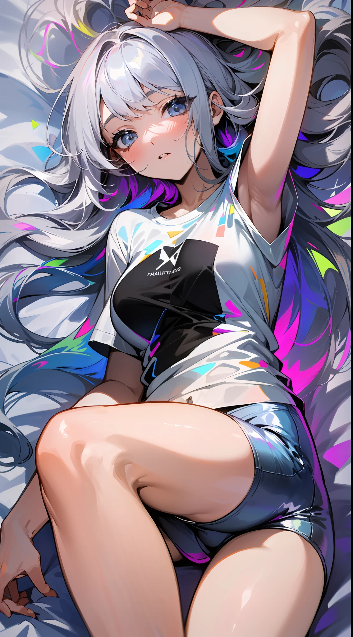 (white shades, prismatic highlights), beautiful woman, about 20 years old, lying on pure white sheets, silver hair spread, loose, blubbery t-shirt, beautiful thighs visible.