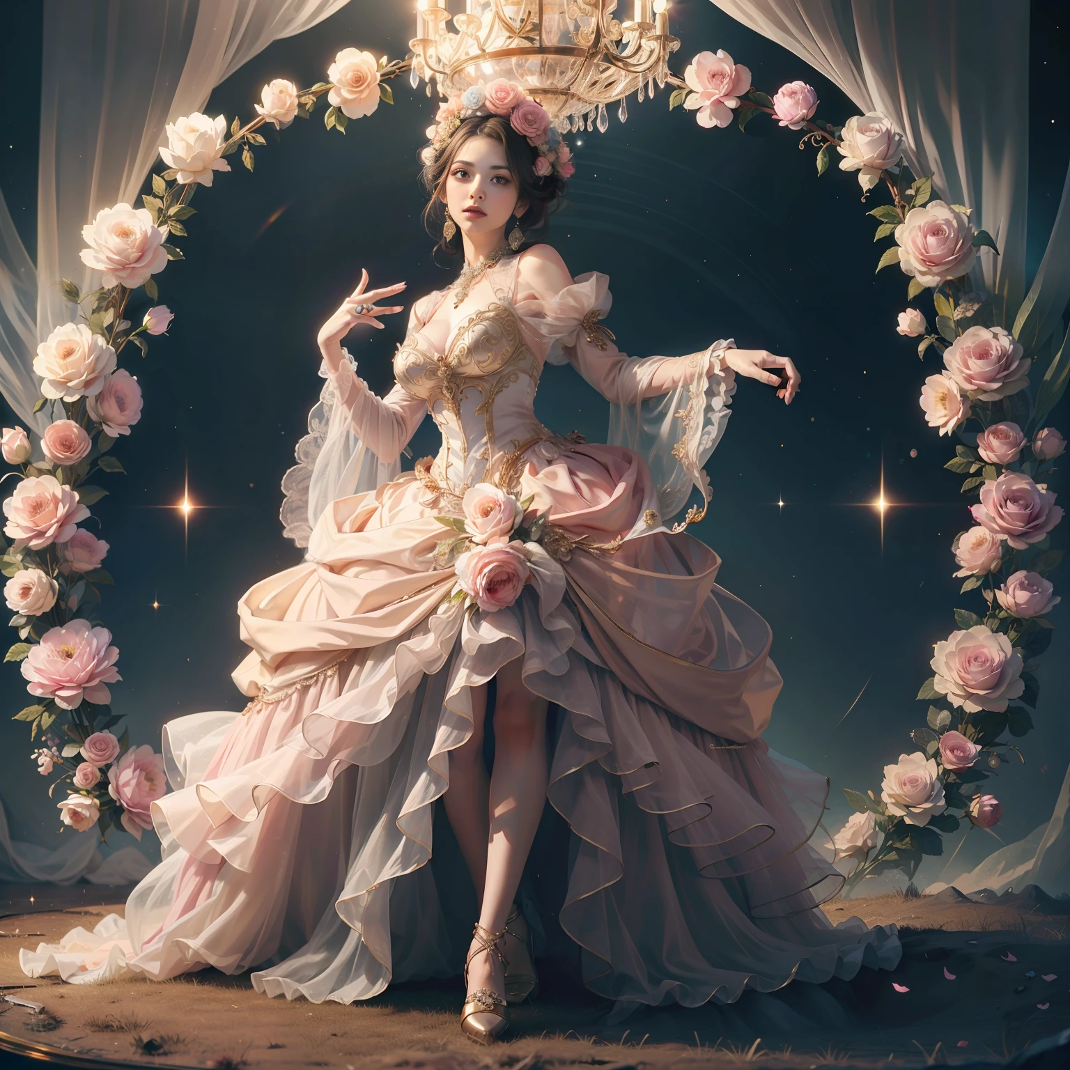 a day of the dead goddess wearing a majestic pink and gold ball gown dress with rhinestones and tulle skirt, big beautiful dress, intricate puffy ball gown with lots of ruffles and rhinestones (Masterpiece, Top Quality, Best Quality, Official Art, Beautiful and Aesthetic: 1.2), (rococo) , Victorian), (1 Flower), Full Body, Extremely Detailed, (Fractal Art: 1.3), Colorful, Most Detailed
