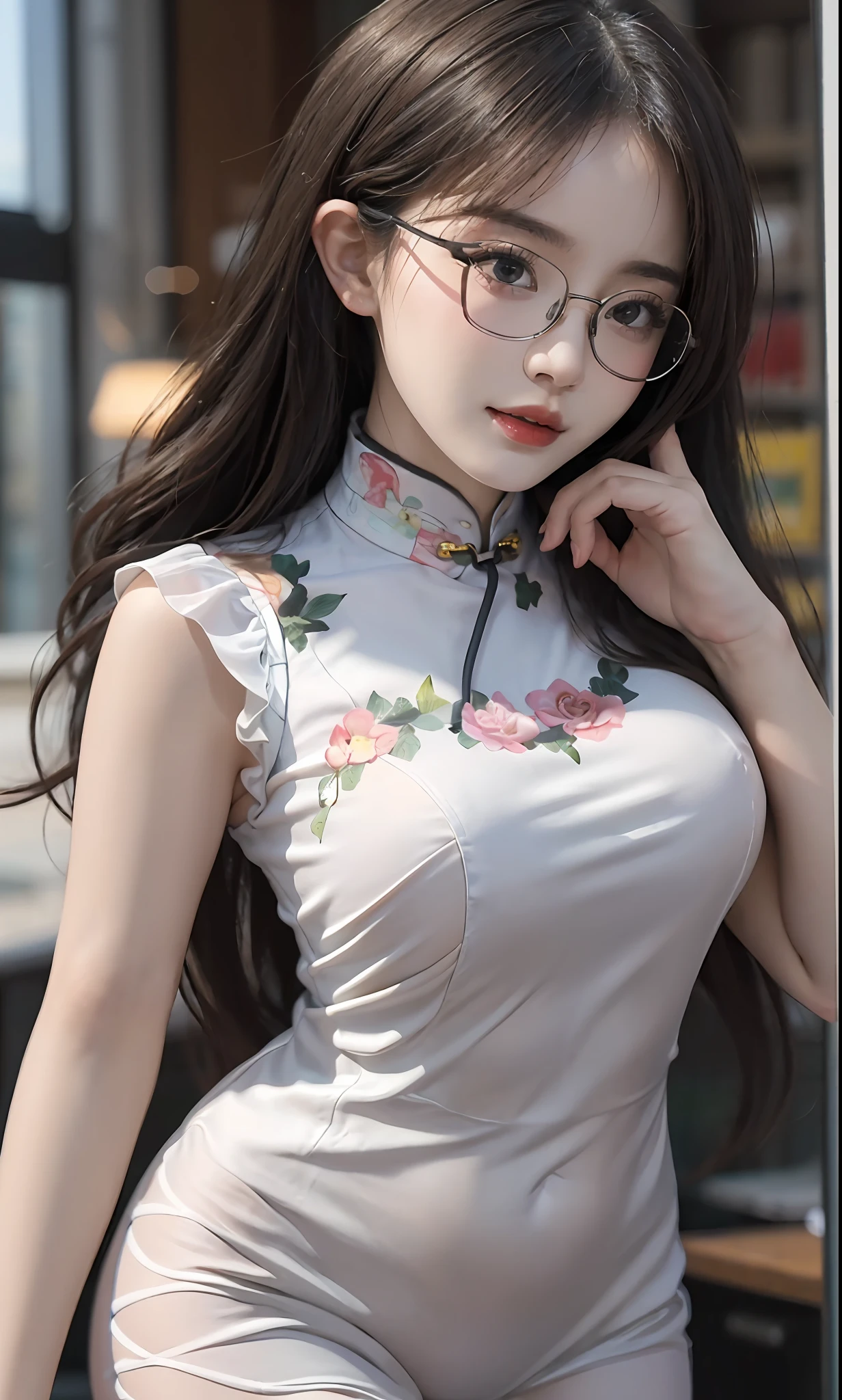 ulzzang-6500-v1.1,(raw photo), (photorealistic), beautiful detailed girl, very detailed eyes and face, beautiful detailed eyes, huge file size, super detailed, high resolution, very detailed, best quality, masterpiece, ((all kinds of beautiful hip wrapping cheongsam)), (), (all kinds of beautiful hip cheongsam), ((face photo shot), illustration, very detailed, CG, unified, 8k wallpaper, amazing, fine details, masterpiece, best quality, wallpaper, light on face, movie lighting, 1girl, , long white hair, side split, perfect figure, (with glasses), ((standing in an elegant posture))), (camel toe), (panorama)