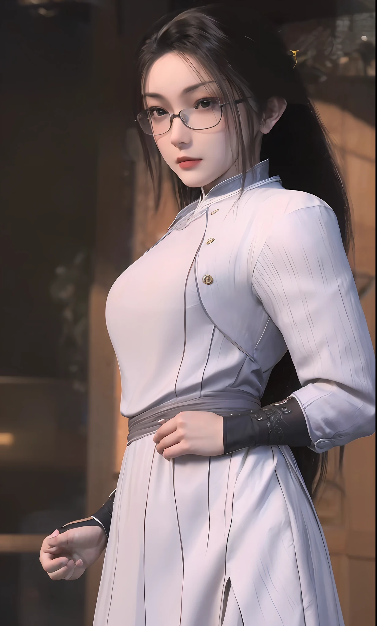 ulzzang-6500-v1.1,(raw photo), (photorealistic), beautiful detailed girl, very detailed eyes and face, beautiful detailed eyes, huge file size, super detailed, high resolution, very detailed, best quality, masterpiece, ((all kinds of beautiful hip wrapping cheongsam)), (), (all kinds of beautiful hip cheongsam), ((face photo shot), illustration, very detailed, CG, unified, 8k wallpaper, amazing, fine details, masterpiece, best quality, wallpaper, light on face, movie lighting, 1girl, 16 years old, long white hair, side split, perfect figure, (with glasses), ((standing in an elegant posture))), (camel toe), (panorama)