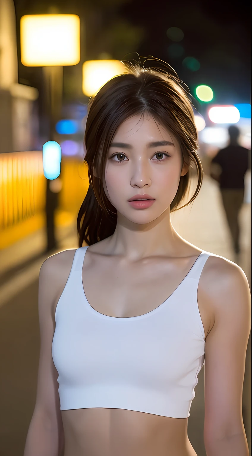 ((Realistic lighting, Best quality, 8K, Masterpiece: 1.3)), Clear focus: 1.2, 1girl, Perfect Figure: 1.4, Slim Abs: 1.1, ((Dark brown hair)), (White crop top: 1.4), (Outdoor, Night: 1.1), City streets, Super fine face, Fine eyes, Double eyelids,