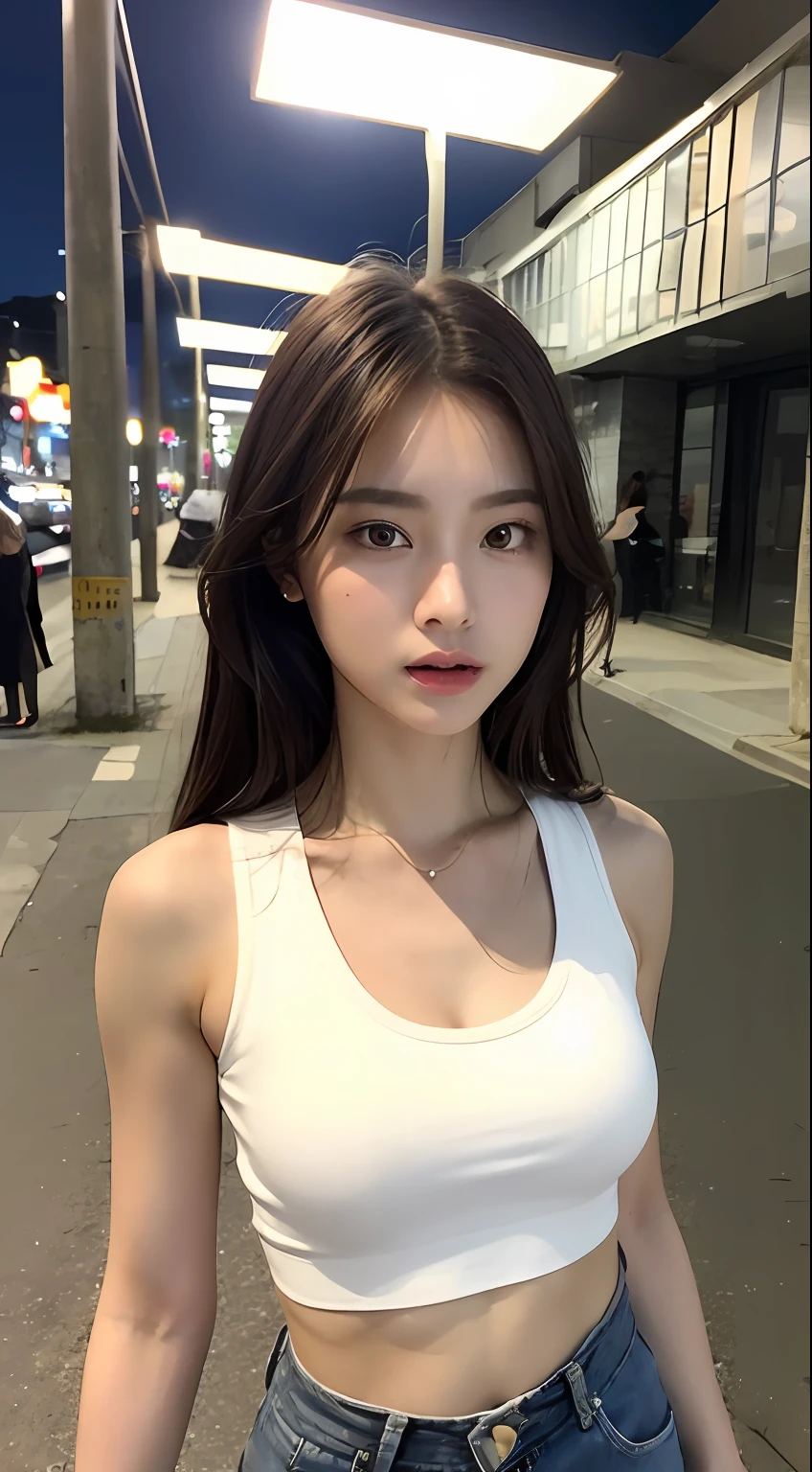 ((Realistic lighting, Best quality, 8K, Masterpiece: 1.3)), Clear focus: 1.2, 1girl, Perfect Figure: 1.4, Slim Abs: 1.1, ((Dark brown hair)), (White crop top: 1.4), (Outdoor, Night: 1.1), City streets, Super fine face, Fine eyes, Double eyelids,