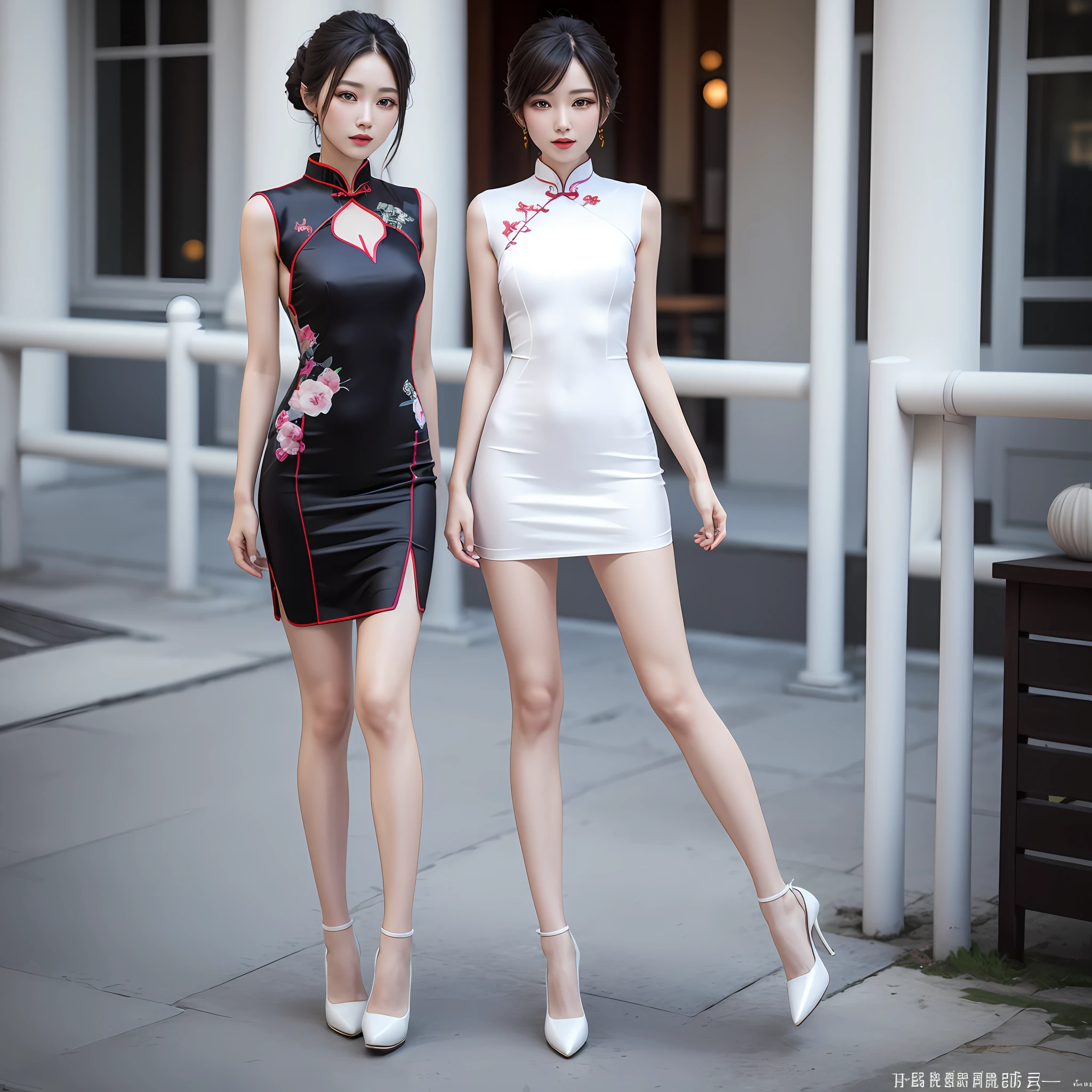Lori,Silk transparent cheongsam,The front hem of the cheongsam is lifted,White silk tights,whole body photo,high heel shoes,Roll your eyes,3 d model --auto
