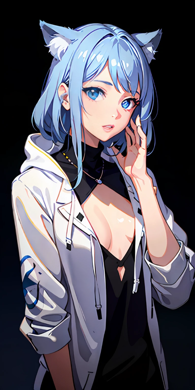1girls、White hair、hair multicolored、Blue eyes、Shortcut hairstyles、sidelit、Particles of light、wall paper、Sleeveless、Sitting on the couch