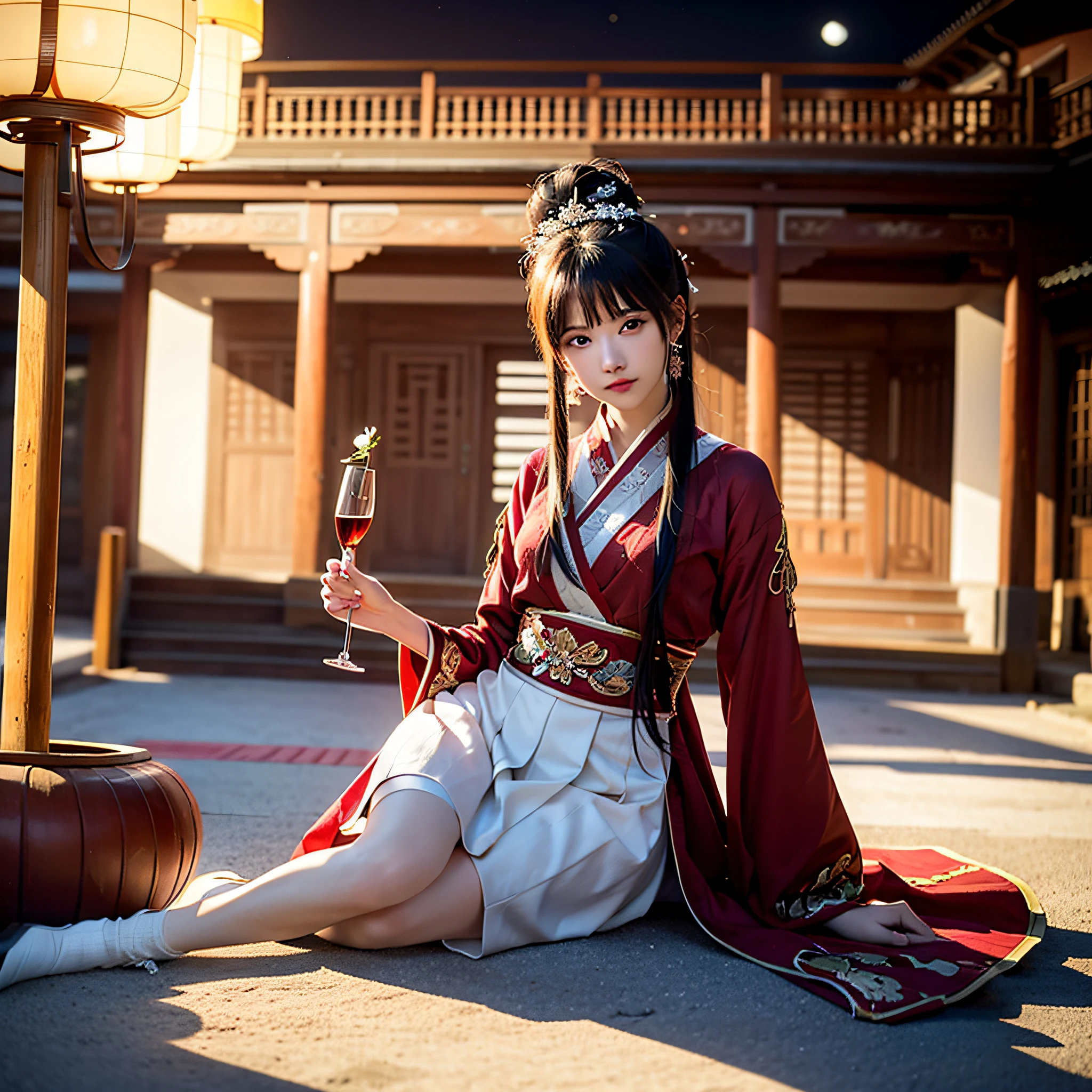 (Drunken with Lights and Swords: 1.8), (Outdoor: 1.8), (Bust Close-up: 2.9), (solo: 3.8), 1 ancient Chinese female warrior Exquisite face, watery big eyes, looking ahead, beautiful, heroic, holding a jade bowl, crystal clear bowl, drinking, wearing a sword, drunk, confused expression, Hanfu, classical, medium chest, noble, looking up, holding with one hand, drunk, sexy, jade, earrings, pendants, gorgeous clothing, gorgeous color matching, gorgeous patterns, aristocratic, patterns, decorations, jewelry, hairpins, buns, holding Ancient Wine Pot, Romanticism, Romantic Colors, Classical Poetry, Dream Scenes (Golden Gove and Iron Horse), Drunken, Lying on One's Side, Background (Night, Moonlight, Many Red Lanterns, Dim Lights, Ancient Chinese Architecture, Plum Blossoms), (Ancient Chinese Architecture: 1.8), (Chinese Style: 1.8), (Plum Blossom Scattering: 1.8), (A Branch Full of Plum Blossoms Appears from One Corner of the Picture: 1.8), (Close Up Above Thigh: 1.8), (Close up: 2.8), (Many Red Lanterns: 1.8), (Sword: 1.8), (Ancient Chinese Wine Pot on the Ground: 2.8), (Sword on the Ground: 2.8), (Moonlight: 1.6), (Holding Head with One Hand), (Sitting on a Wild Stone: 2.6), (Looking up and squinting), (Strong Wind: 1.6), (Chinese Classical Style: 1.6), Drunken, (Crystal Clear Jade Bowl: 1.6), (Drunken: 1.8), Liquor Sprinkled, (Plum Blossom: 1.6), (Night: 2.7), (Master Light: 1,9), (Master Color: 1.9), (Master Composition: 1.9),
(Masterpiece), best, 8k wallpaper, illustrations, high-definition image quality, full of storytelling, complex backgrounds,exquisite details, rich visual effects, bright colors, layered highlights, shadows and details, as well as cinematic quality, exquisite and complex, master works, official works, master lighting, movie composition, movie lighting, master composition, master color scheme, 16K, ultra clear, Wallpaper,

<lora:2D