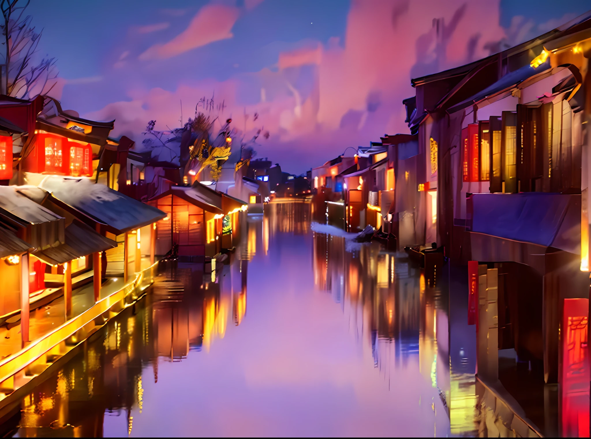 Aalfid view of the canal，Buildings and lights at night, dreamy Chinese towns, zhouzhuang ancient town, Chinese village, Ancient Chinese architecture, flooded old wooden city street, old asian village, photography shot at blue hour, pexels contest winner, author：Ni Yuanlu, shutterstock, Chinese architecture, Hangzhou, author：Shitao