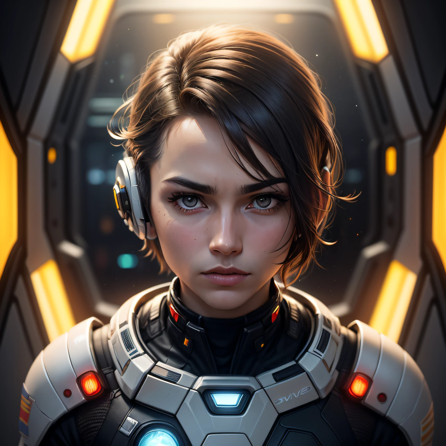 fking_scifi, award-winning photo of a man, black flight suit with yellow accents, brown hair, (gray eyes:1.35), square jawline, asymmetric face, standing in front of a window on a space ship, 80mm, bokeh, mass effect, close up, fking_cinema_v2 --auto