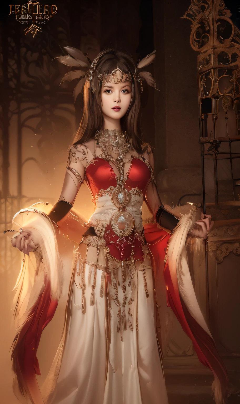 A woman in a dress,Peerless beauty，Beautiful woman，sorceresses,,Brown hair，There are feathers on the head，complex fantasy character, Clothes studded with gorgeous jewelry, Red cape，white fluff，full body concept, gothic maiden shaman, detailed full-body concept, intricate costume design，