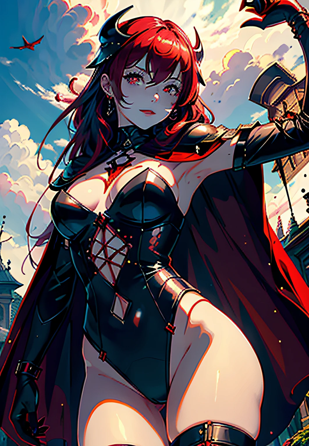 1girl, blonde hair, crown, weapon, sword, blue eyes, solo, thighhighs, cape, looking at viewer, white thighhighs, armor, holding sword, holding weapon, holding, castle, mini crown, open mouth, white gloves, red cape, gloves, sky, short hair, cloud, day, ribbon, outdoors, hair ribbon, blush, breastplate,skirt