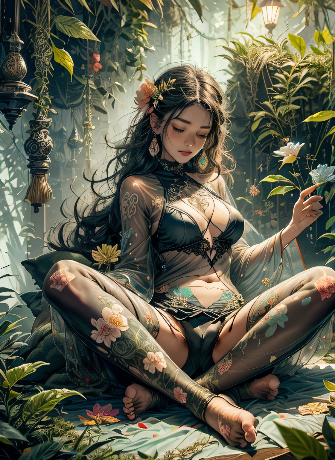 1sexy girl with forest clothes, flowers, leaves, mandalas, fractal,, Sleeping Beauty, by Bella🦋 full body, beautiful girl sleeping, room with mirror, girl sleeping on bed and sheets, old clock and lamp on table, full body, black hair, Transparent clothing,open legs, view of pubic hair, 1 sexy girl in transparent forest clothes,exposed breasts, open transparent t-shirt,mandala and flower tattoos, La mejor calidad, Obra maestra, llustration, muy delicado y hermoso, muy detallado, CG, Unidad, Fondo de pantalla de 8k, ridiculous, huge filesize, lente muy ancha, Luz suave,Sleeping Beauty, by Bella🦋 full body, beautiful girl sleeping, full body, black hair, Transparent clothing, slight smile,, open legs, view of pubic hair, 1 sexy girl in transparent forest clothes,exposed breasts, open transparent t-shirt,mandala and flower tattoos, La mejor calidad,