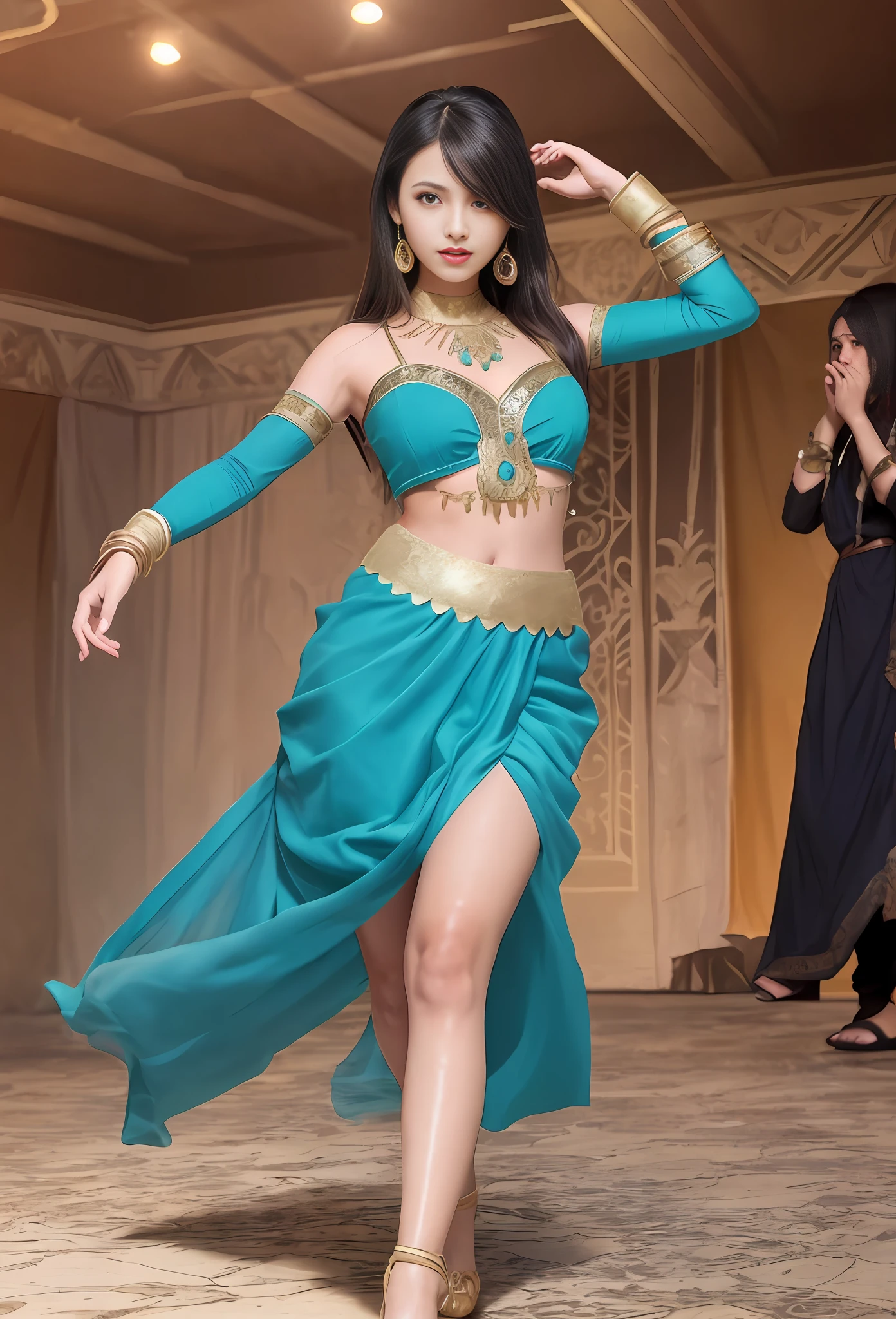 (masterpiece, best quality, realistic),
1girl, background, gypsy dress, dancing, intricate, teal dress, gold, indian palace, gypsy person, banquet, crowd, picking up skirt, darker skin,
[slight smile],