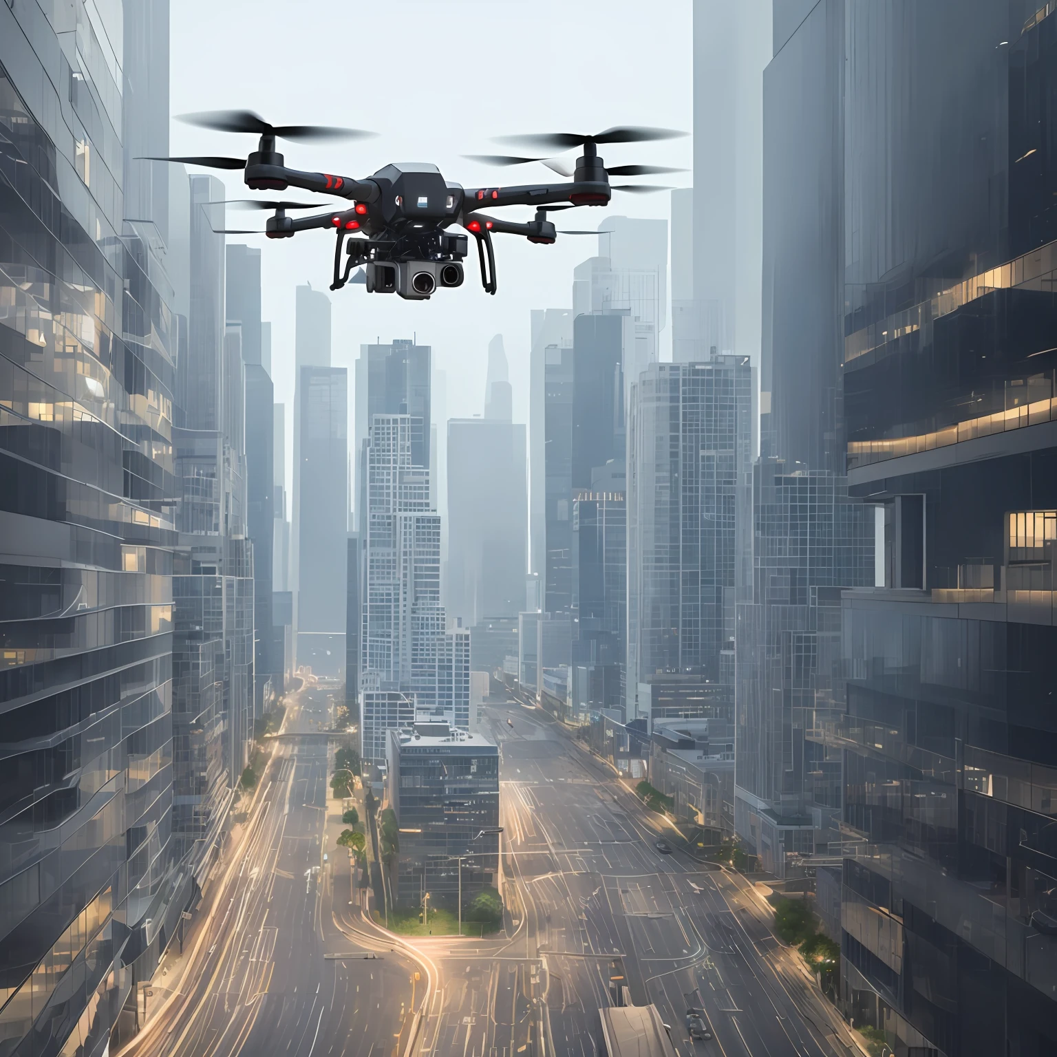 Visualize a city where technology is everywhere. The streets are lined with delivery robots, drones and self-driving cars that move in harmony. in the nighttime, a cidade ganha vida com luzes neon brilhantes e hologramas de publicidade que flutuam no ar --auto