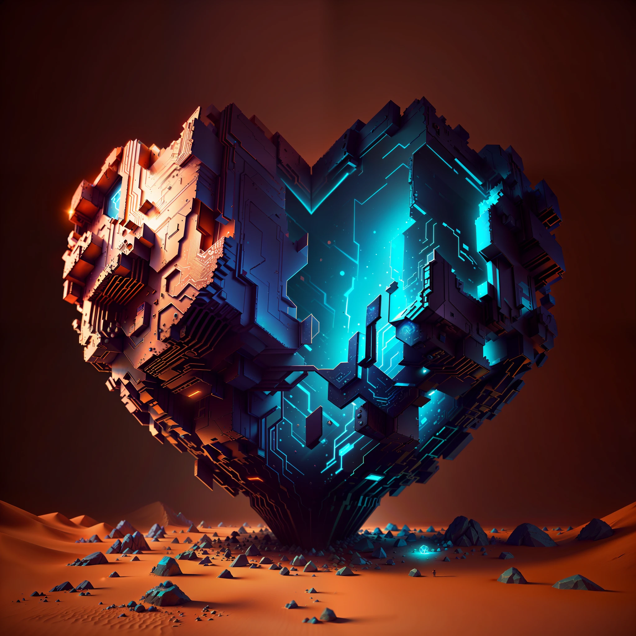 there is a heart shaped object made of rocks in the desert, volumetric light, Estilo de Arte Heartstone Original, arte conceitual emocional, inspirado em Mike Winkelmann, 3 d render stylized, renderizado em octanagem, 8k arte impressionante, 3 d renderizado em octanagem, inspirado em Christopher Balaskas, 3d renderizado em octanagem, arte renderizada, 3 d render bipe