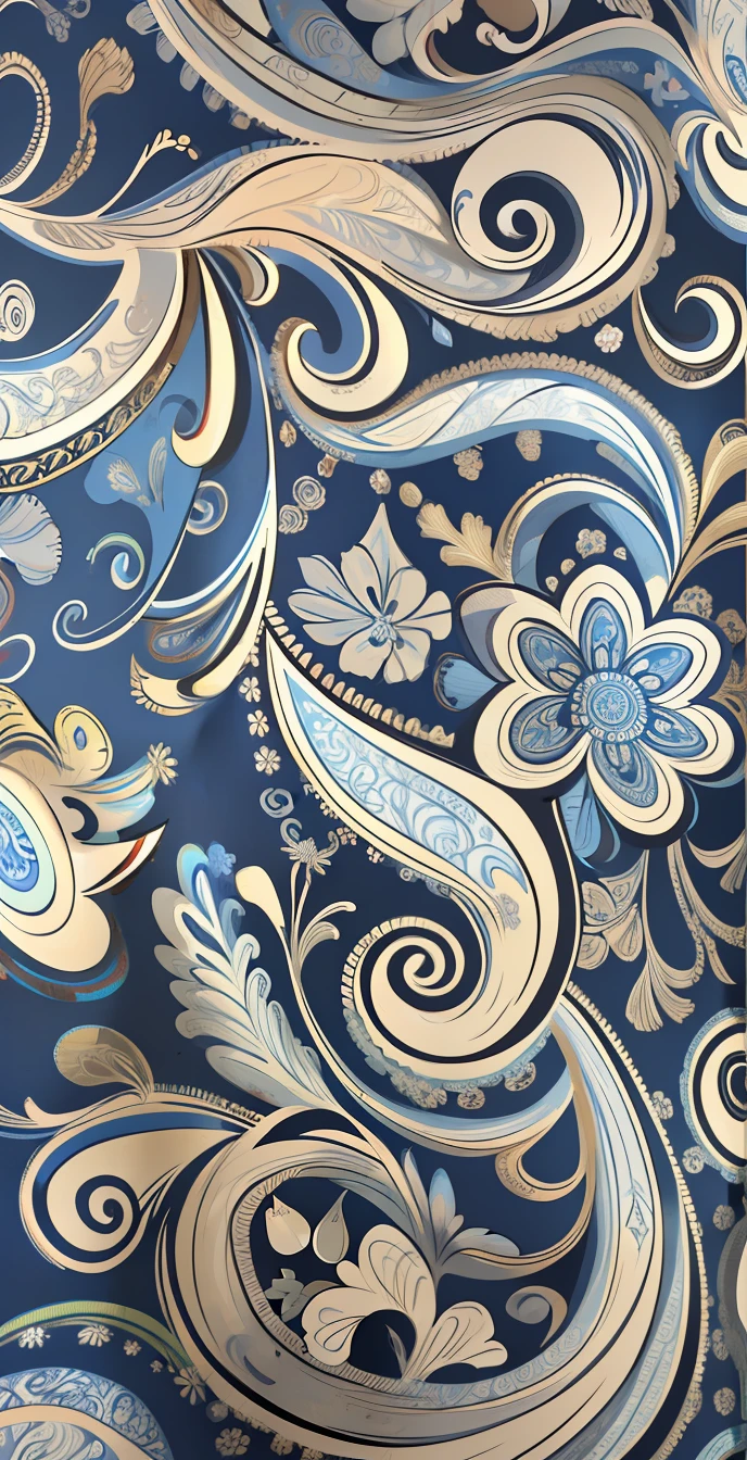 a blue and white paisley print fabric with a red dot, paisley, paisley wallpaper, intricate paisley filigree, ornate floral, ultra intricate, Cotton fabric, indigo, blue - print, intrikate, motif, set 1 8 6 0, intricate image, fine patterns and detail, very ornate, elegant intricate