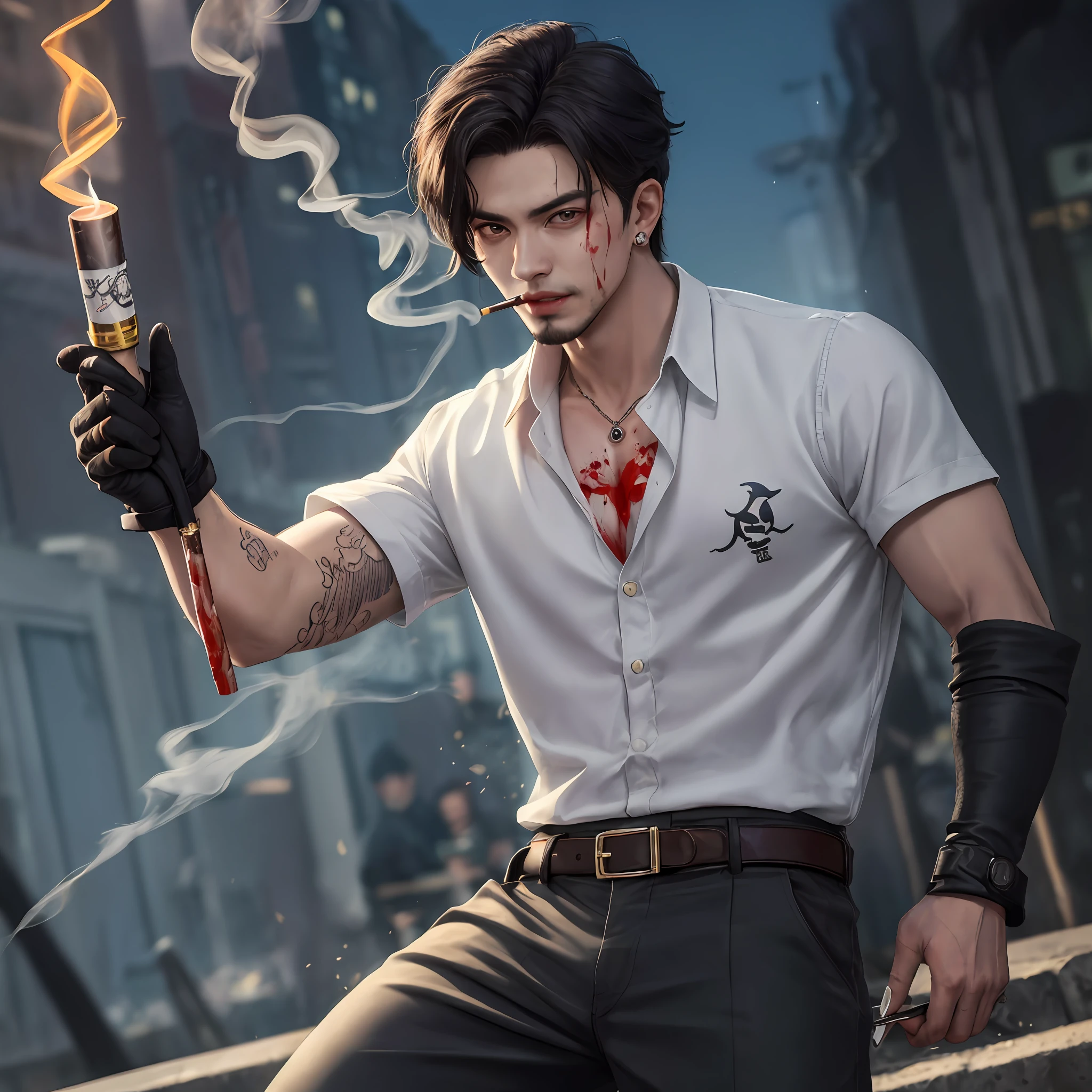 (foto 8k, melhor qualidade, obra-prima: 1.2),(realista, fotorrealista: 1.37) jovem, homem bonito, Mark Tuan, Got7, pele branca, rosto detalhado, olho azul brilhante, cabelo loiro mel, terno preto, bad boy, yakuza, tatuagem, cigarette smoke, a night town of many gangsters in the background, Action Pose, brinco de caveira, colar de punhal,sombrancelha grossa,queixo quadrado,barba aparada,sorriso timido,covinha na bochecha ,in his hands a blood-red dagger