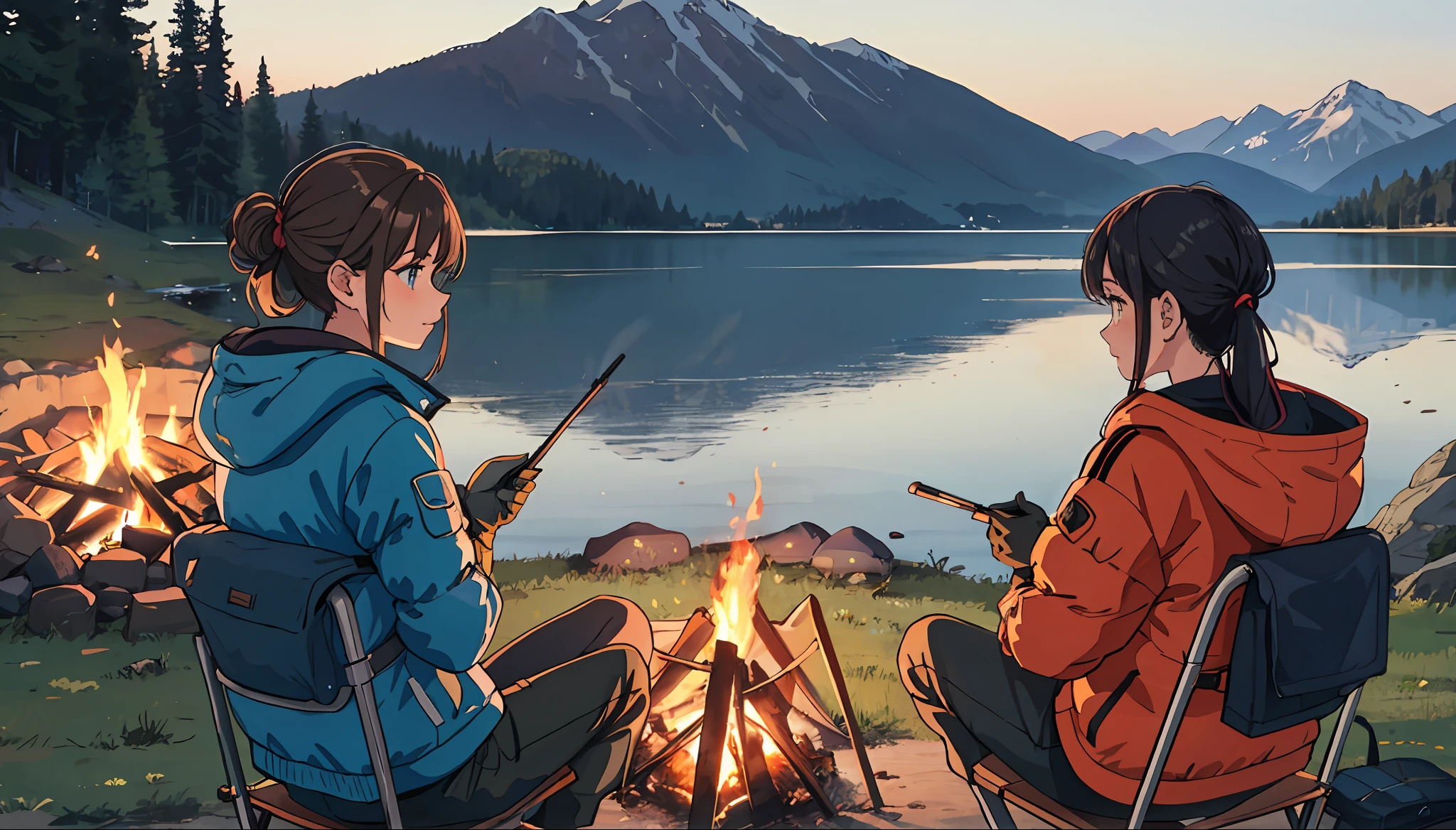 Best qualities,nmasterpiece,1girls,25age,Hair tied up in a back,Outdoor jacket,cargo pants,Thick gloves,Sit on a camping chair around the campfire,late morning,lakes,Beautiful mountains in the background,tents,bonfires