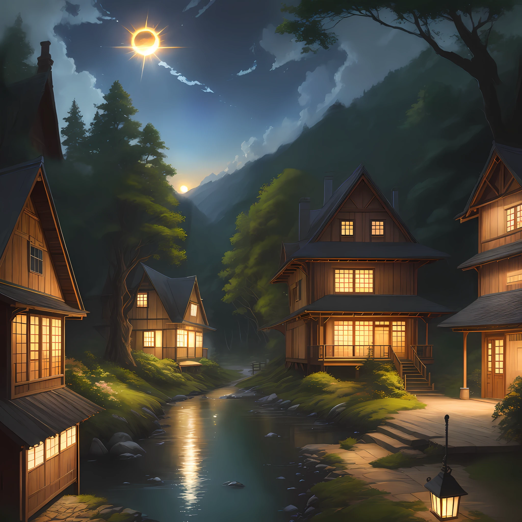 with a realistic、Be authentic、beautifly、Amazing landscape oil painting Studio Ghibli、Morning、Beautiful sun、House in the forest --v6