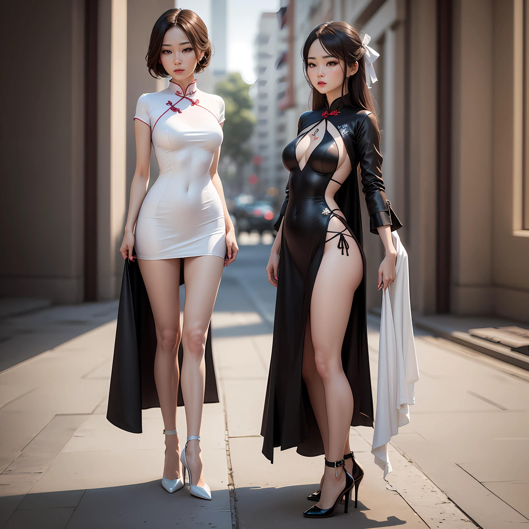 Lori，Silk transparent cheongsam，The front hem of the cheongsam is lifted，White silk tights，whole body photo，high heel shoes，Roll your eyes，3 d model，nudist --auto