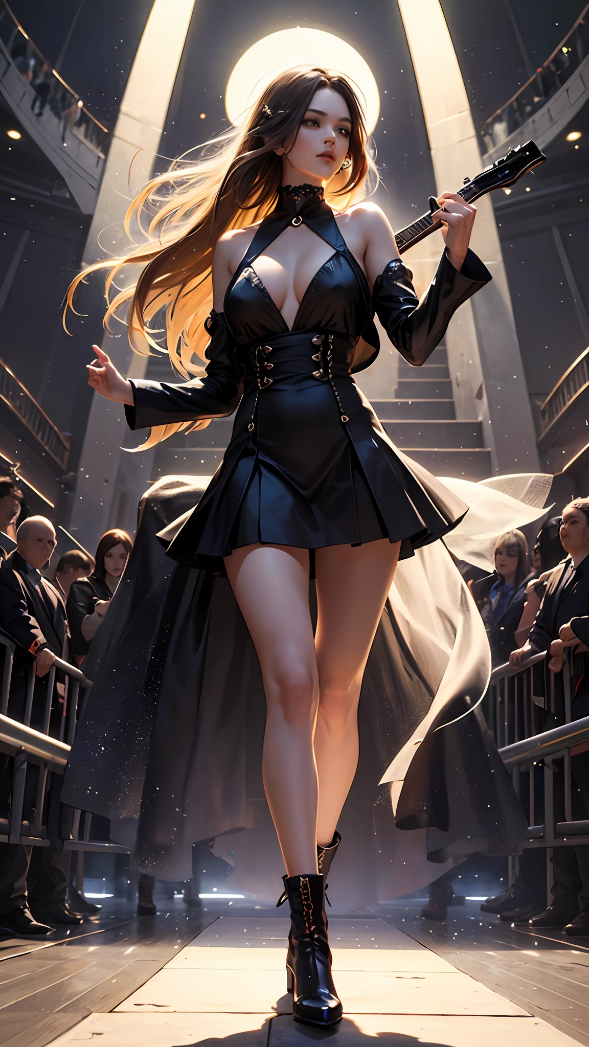 1girls, the singer,Delicate and beautiful face,cabelos preto e longos,flowy,full breast,Convex buttocks,Suit skirt,Black boots,perfectly proportioned, Detailed clothing details,Concert,Colored lights,Cinematic lighting, filmgrain, Fujicolor, light and darkcontrast, 8K, 巨作, Textured skin, Super detail, high detailes, High quality, high resolucion,
