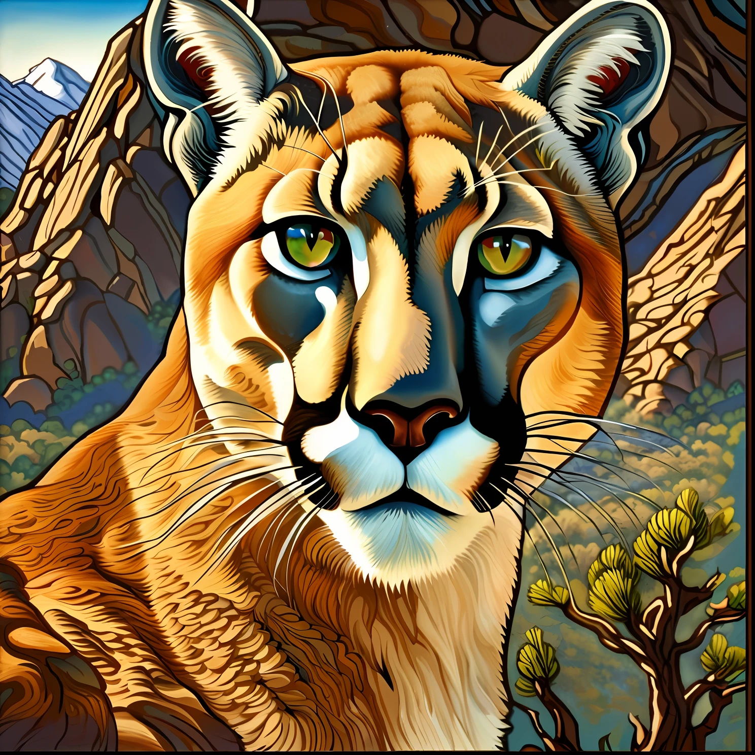 a painting of a cougar with a mountain in the background, inspired by Joe Jusko, by David B. Mattingly, by Michael Sutfin, highly detailed digital painting, cougar, full color digital illustration, by David G. Sorensen, detailed 4 k painting, highly detailed vector art, highly detailed digital artwork, painted in high resolution, detailed digital painting