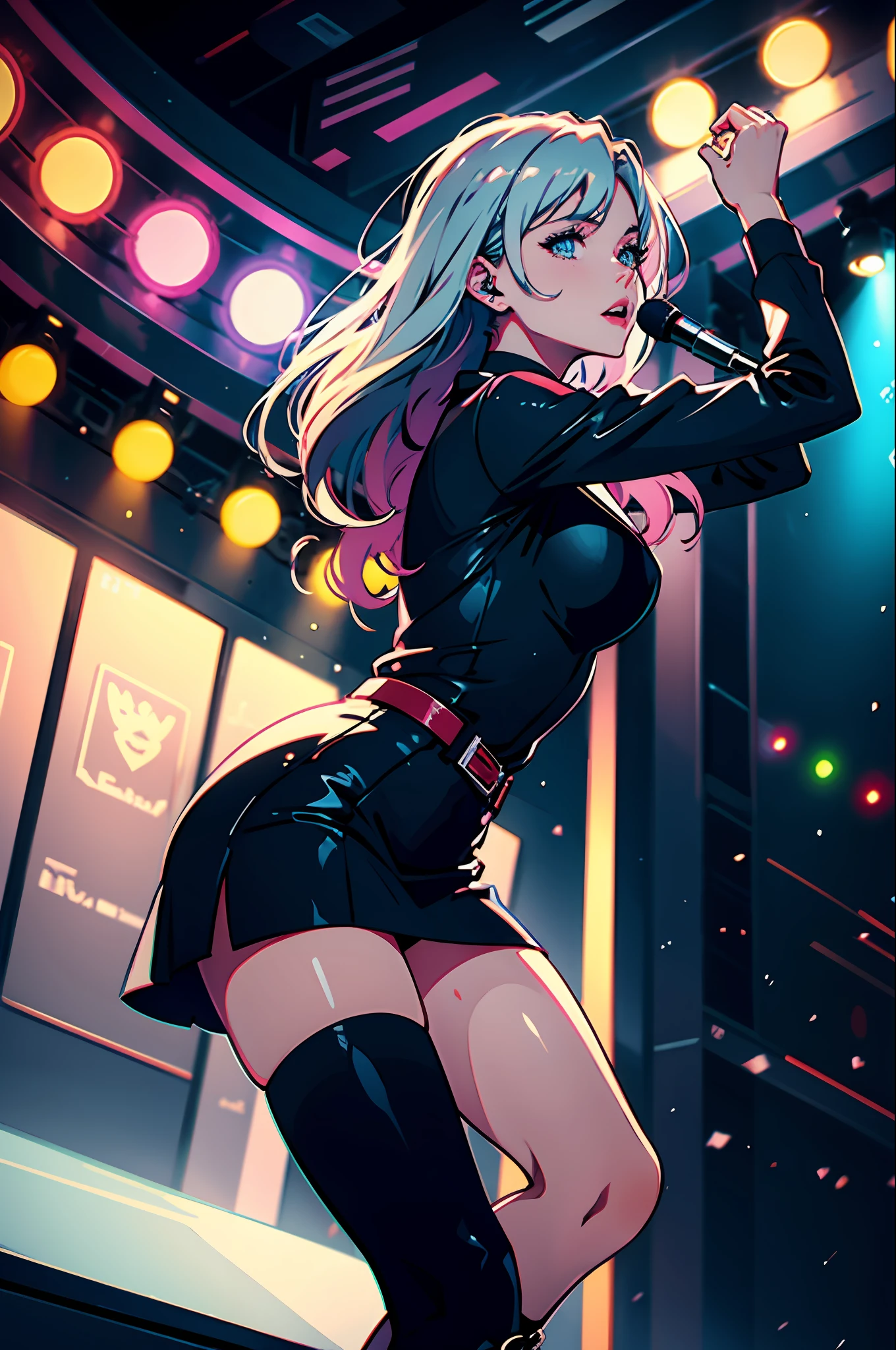 1girls, the singer,Delicate and beautiful face,cabelos preto e longos,flowy,full breast,Convex buttocks,Suit skirt,Black boots,perfectly proportioned, Detailed clothing details,Concert,Colored lights,Cinematic lighting, filmgrain, Fujicolor, light and darkcontrast, 8K, 巨作, Textured skin, Super detail, high detailes, High quality, high resolucion,