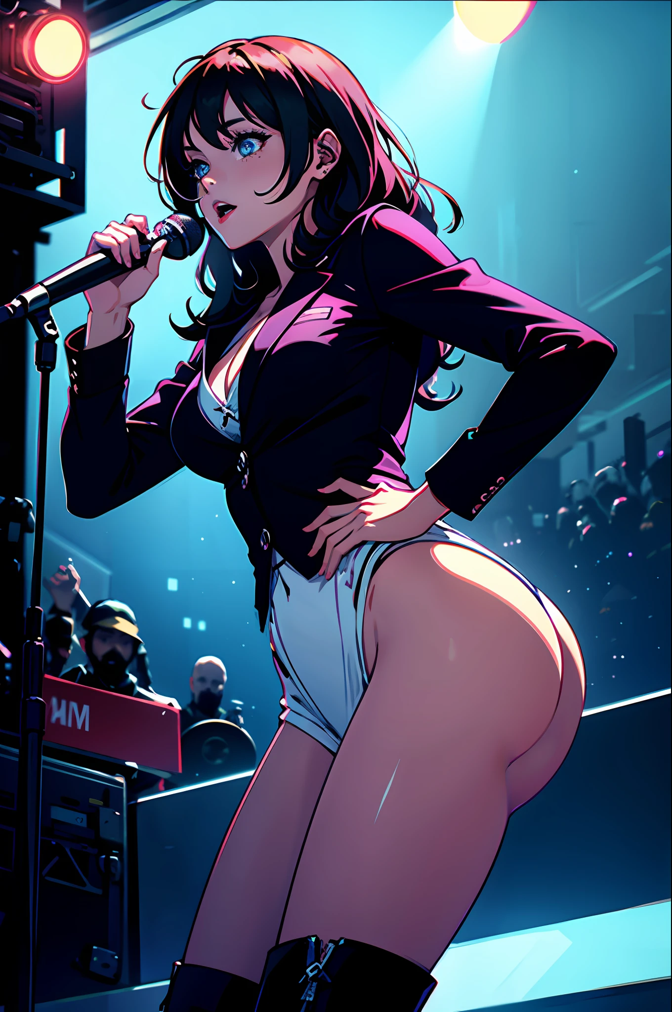 1girls, the singer,Delicate and beautiful face,cabelos preto e longos,flowy,full breast,Convex buttocks,Suit skirt,Black boots,perfectly proportioned, Detailed clothing details,Concert,Colored lights,Cinematic lighting, filmgrain, Fujicolor, light and darkcontrast, 8K, 巨作, Textured skin, Super detail, high detailes, High quality, high resolucion,