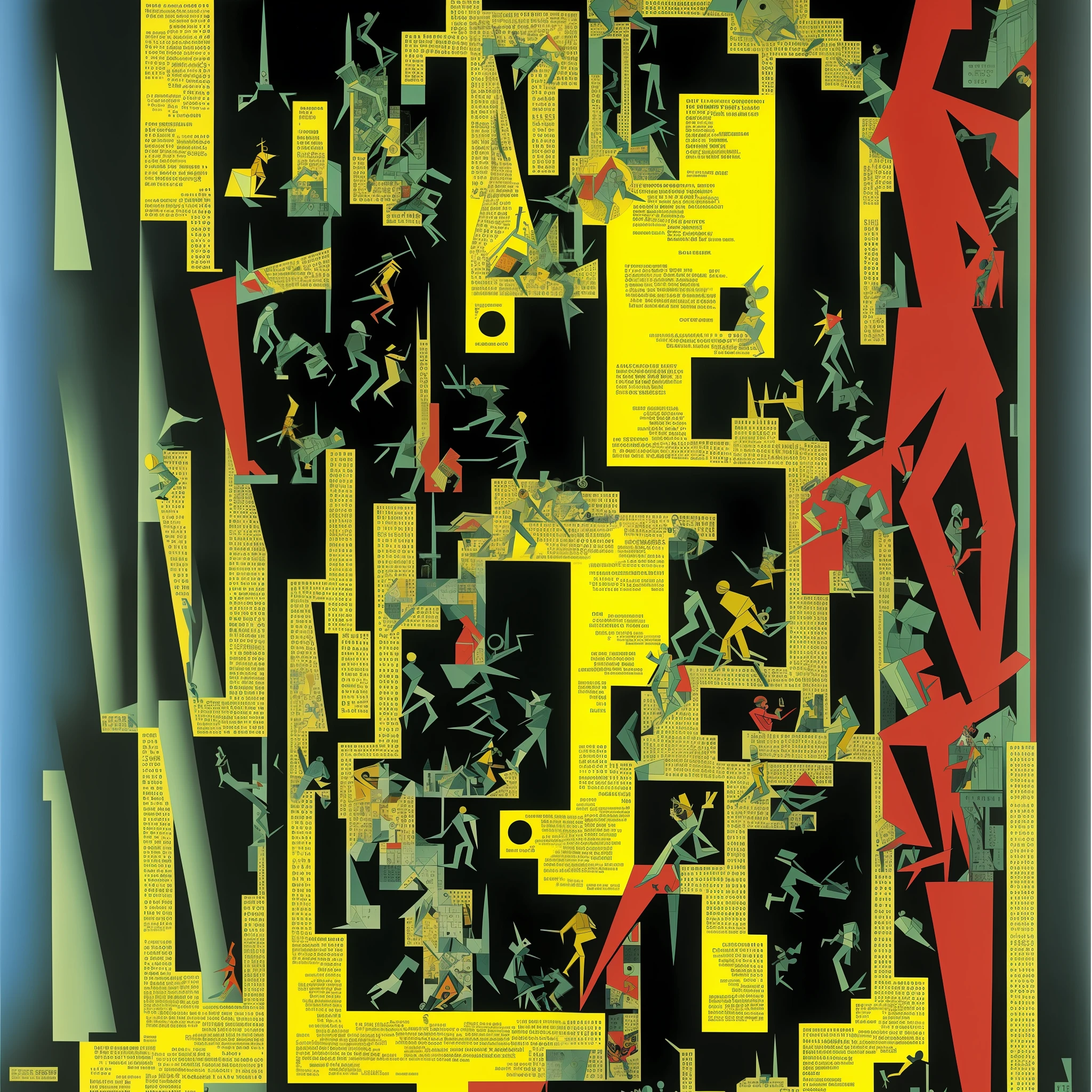 There is a poster,Above there is a man in the maze with people, afofuturism & harlem renaissance, Raoul Hausmann, by Pierre Alechinsky, neoplasticism art, dada collage, author:Alesso Bardovinetti, russian constructivism, dadaism style, inspired by Pierre Alechinsky, paul lehr and m. c. Escher --auto