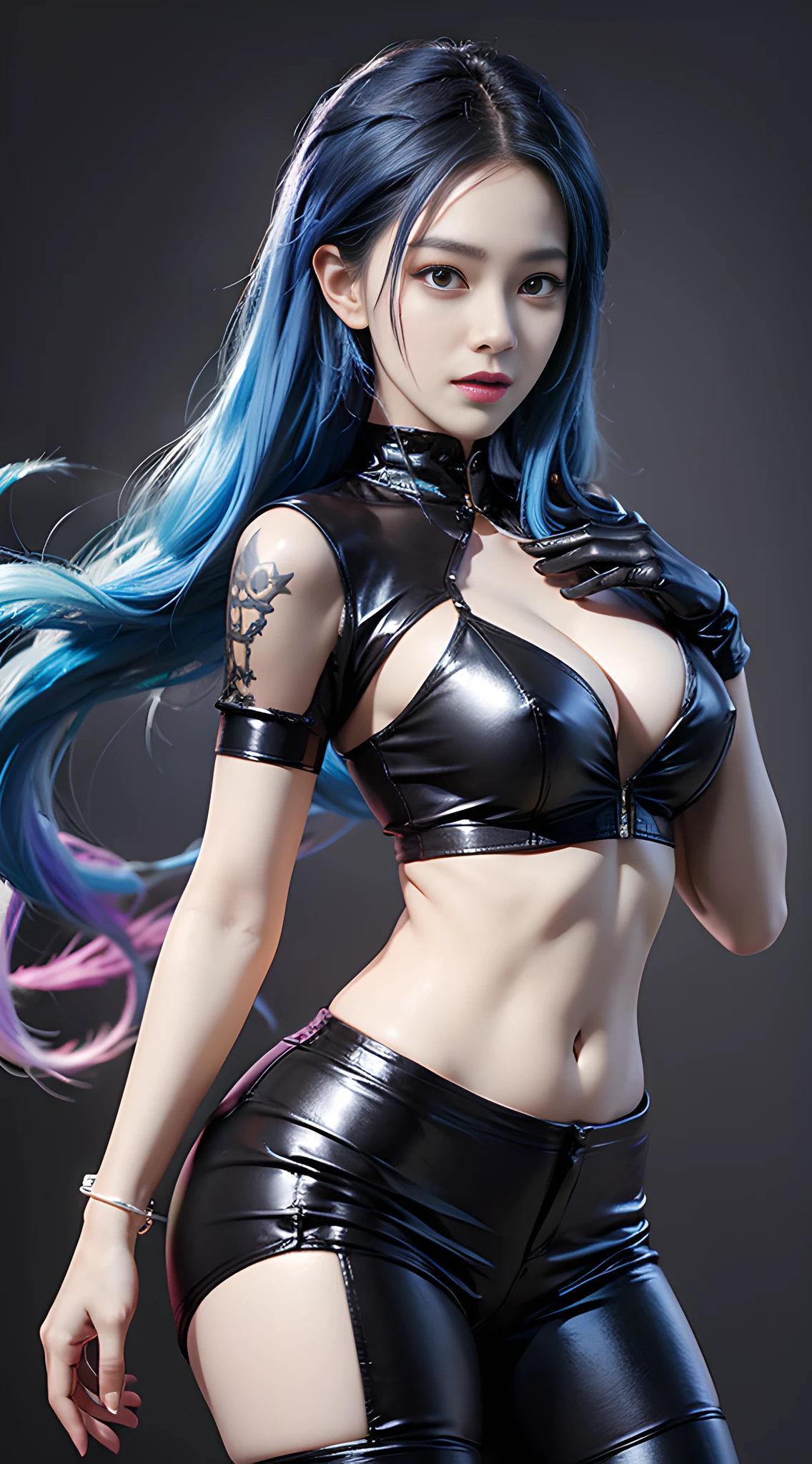 A woman with blue hair and a leather blouse, seios gigantescos，kda, Extremely detailed Artgerm, Knight of the zodiac girl, Jinx in Arcane, IG model | Art germ, jinx from league of legends, Style Artgerm, jinx from arcane, Artistic germ style, Anime style 8K, ! dream artgerm，Walking，