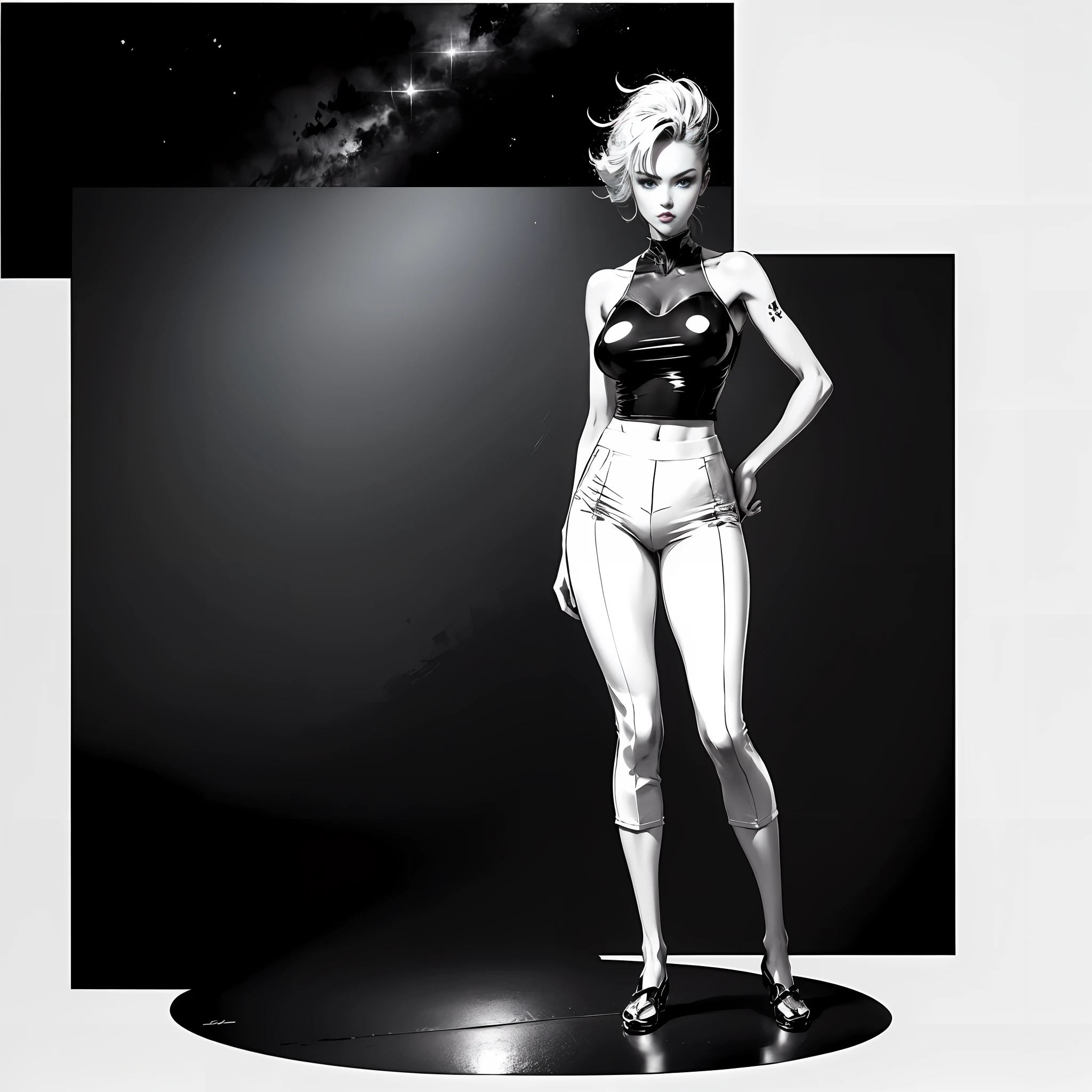 Masterpiece, Japanese retro black and white manga, master anime works, black and white art, line art, pen drawing art, a beautiful urban female model, full body white transparent clothes standing under empty night stars, disappearing transparent pants, full body standing posture, tall figure, slender legs, facial details, detailed body part details, 8k wallpaper
