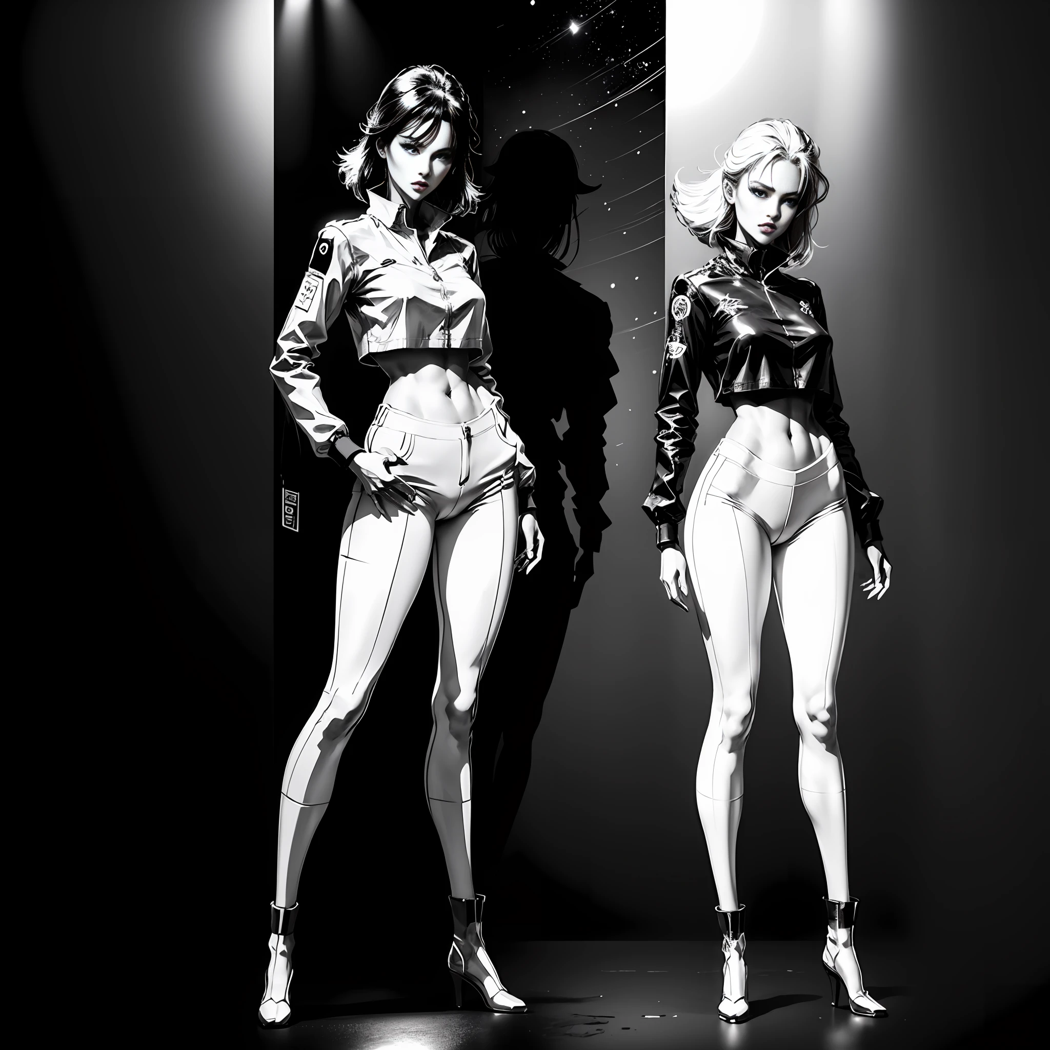 Masterpiece, Japanese retro black and white manga, master anime works, black and white art, line art, pen drawing art, a beautiful urban female model, full body white transparent clothes standing under empty night stars, disappearing transparent pants, full body standing posture, tall figure, slender legs, facial details, detailed body part details, 8k wallpaper