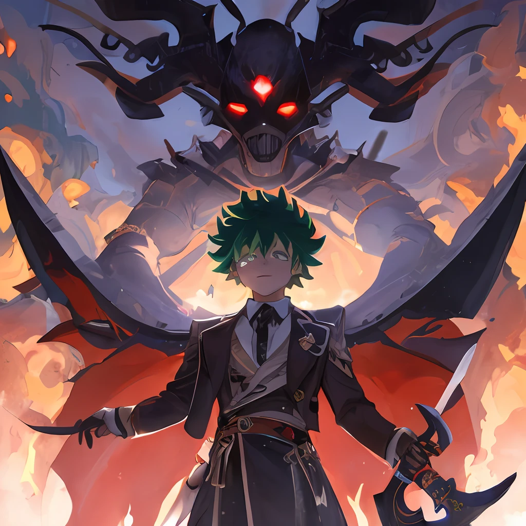 "ultra-realistic masterpiece of Izuku Midoriya as the grim reaper donning plague doctor's garb, brandishing a menacing scythe and standing atop a cemetery bathed in the eerie glow of the crimson moonlight."