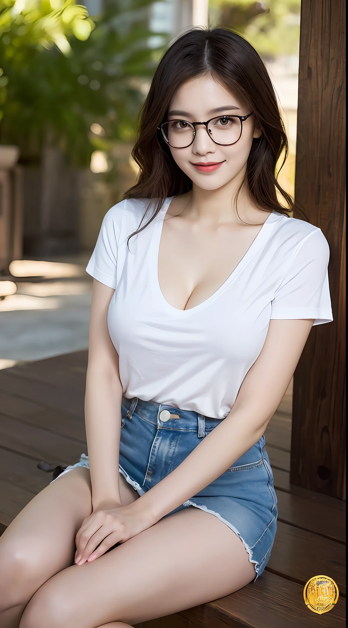 ((midnight, need, 8K, nmasterpiece:1.3)), Whole human body, Long legs, Focalors:1.2, Plump body,perfect figure beautiful woman:1.4,((Dark brown hair, Large big tits:1.2 )), (Low-cut T-shirt, silk stockingsa,skirts, Sits:1.2), ((A Japanese shrine)), Highly detailed facial and skin texture, detailed eye, 双眼皮,wears glasses,full breast,Smile with,bigger breasts, Wavy hair