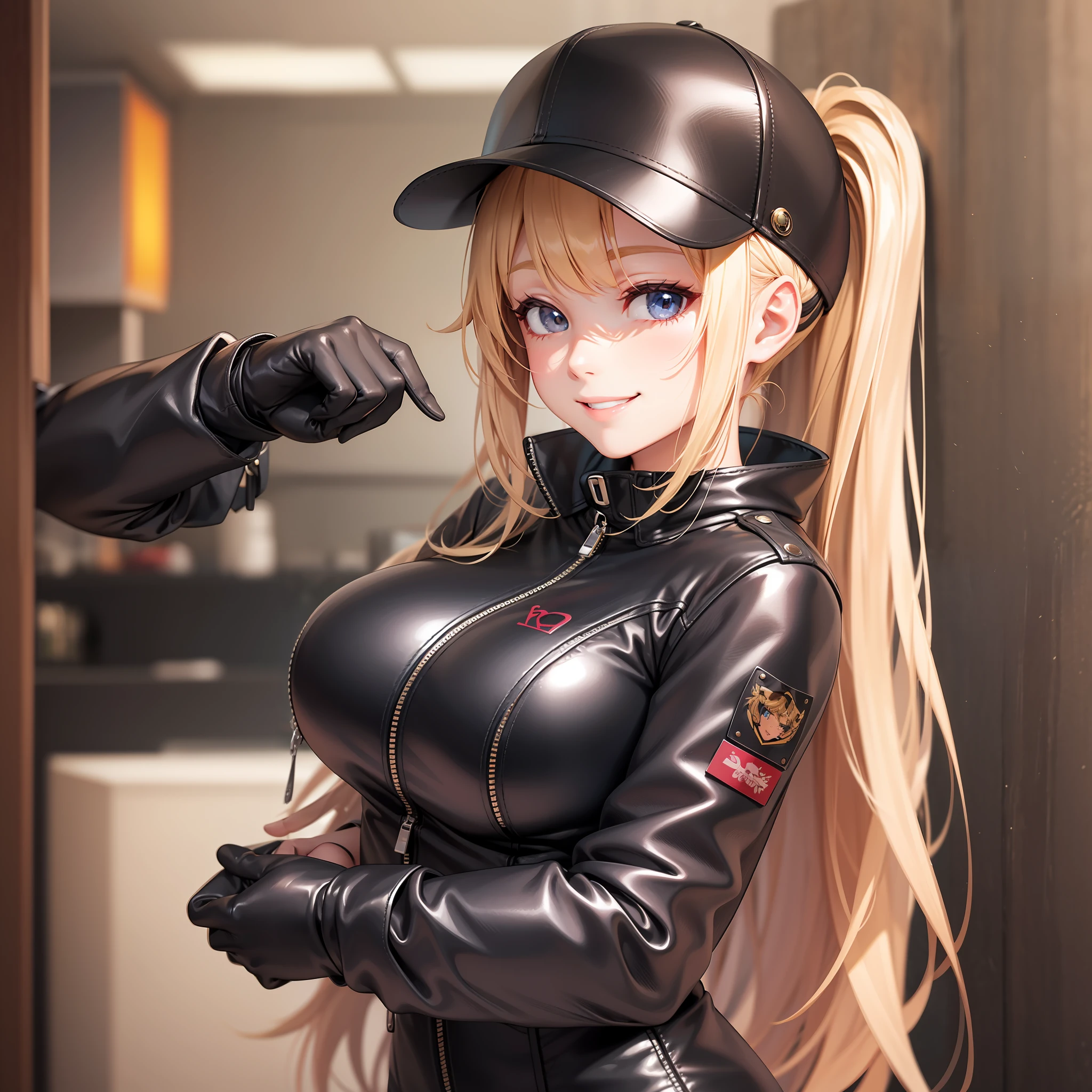Wearing a leather jacket over a bodysuit　babes　smile on face　Long　smile on face　beautiful a girl　ponie tail　a blond　the best quality　A masterpice　beautiful a girl