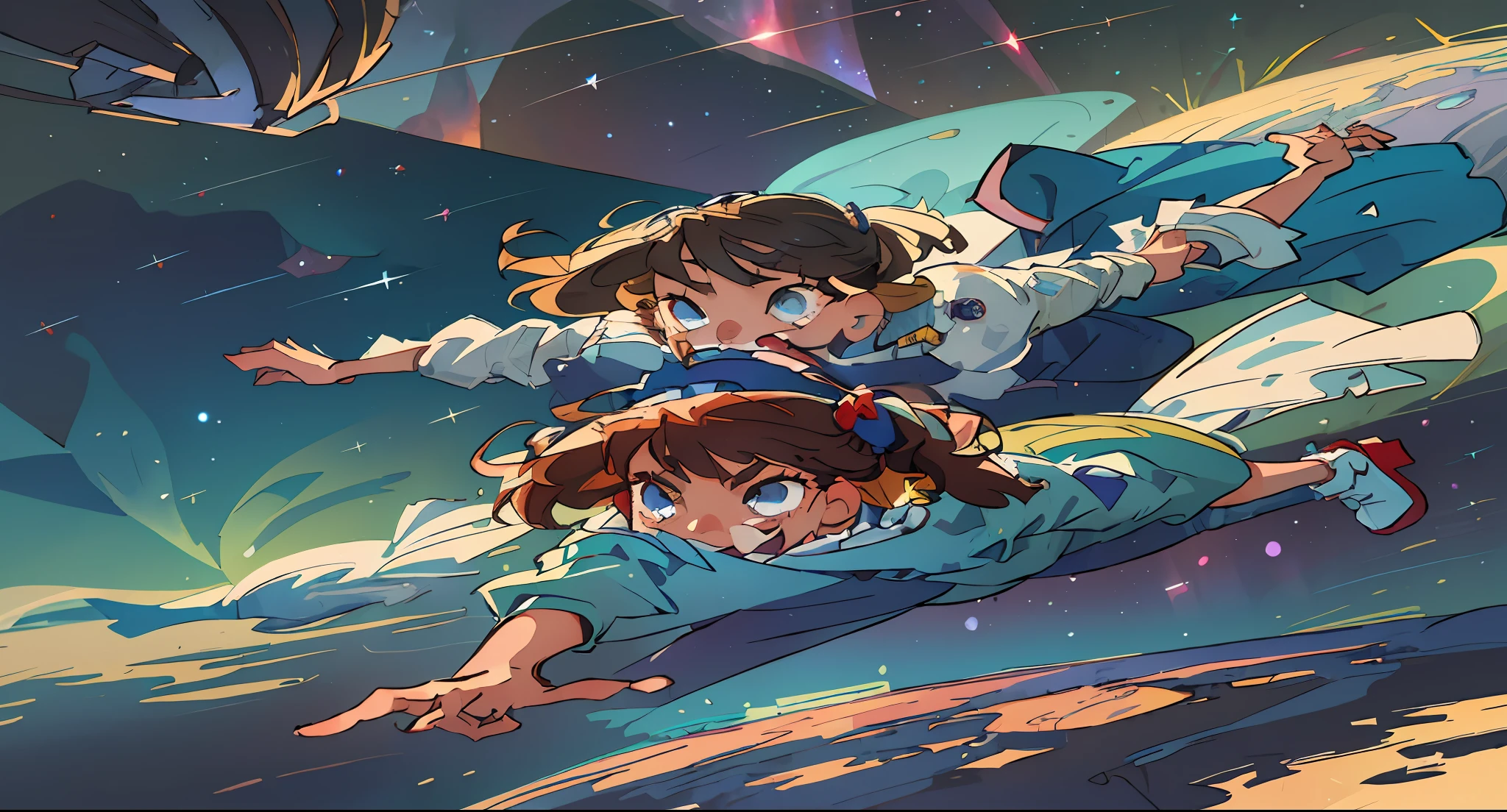 (melhor qualidade, obra-prima: 1.3), Traje espacial, two children, aurora, Caminhada espacial, piso, outer space, Saltar, Feliz, sorrir, rindo, space station, Floor Visor, em uma nave