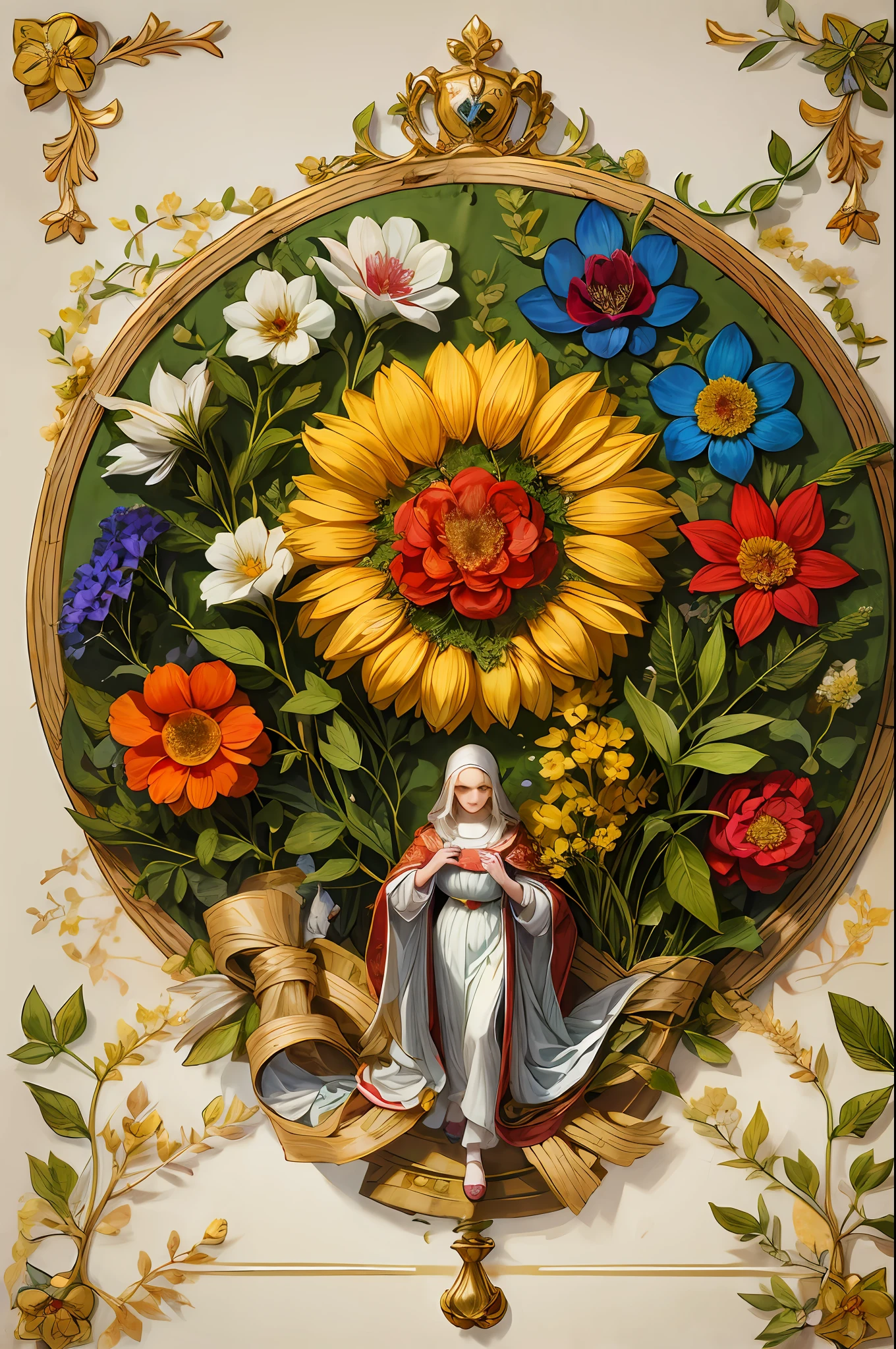 Detailed illustration of a medieval herbal manuscript page with herbal illustrations, with floral illustrations, fruits, intricate text, exceptionally high details, aerial view from above, centred