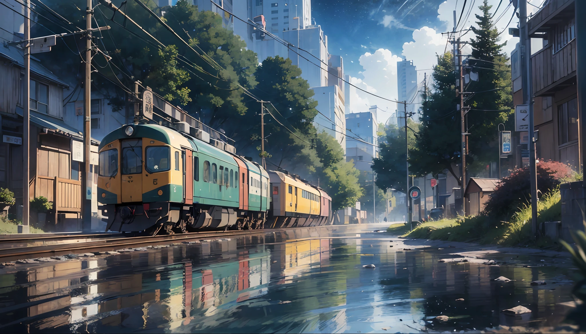 High-quality masterpieces、landscapes、Anime train passing through a body of water on the tracks、Bright starry sky。Break Romantic Train、pixiv、concept-art、Laffy art style、reflection。lofi art, beautiful anime scene, Break Anime Scenery, Detailed landscape — width 672、 break,specifics,Realstic,4K highly detailed digital art,octane renderings, bioluminescense, Break 8K resolution concept art, 真实感,by Mappa Studios,A masterpice,the best quality,Official art,illutst,Ligneclair,(Cool_Color),perfect-composition、absurdist、Fantasia、Focused、Rule of thirds