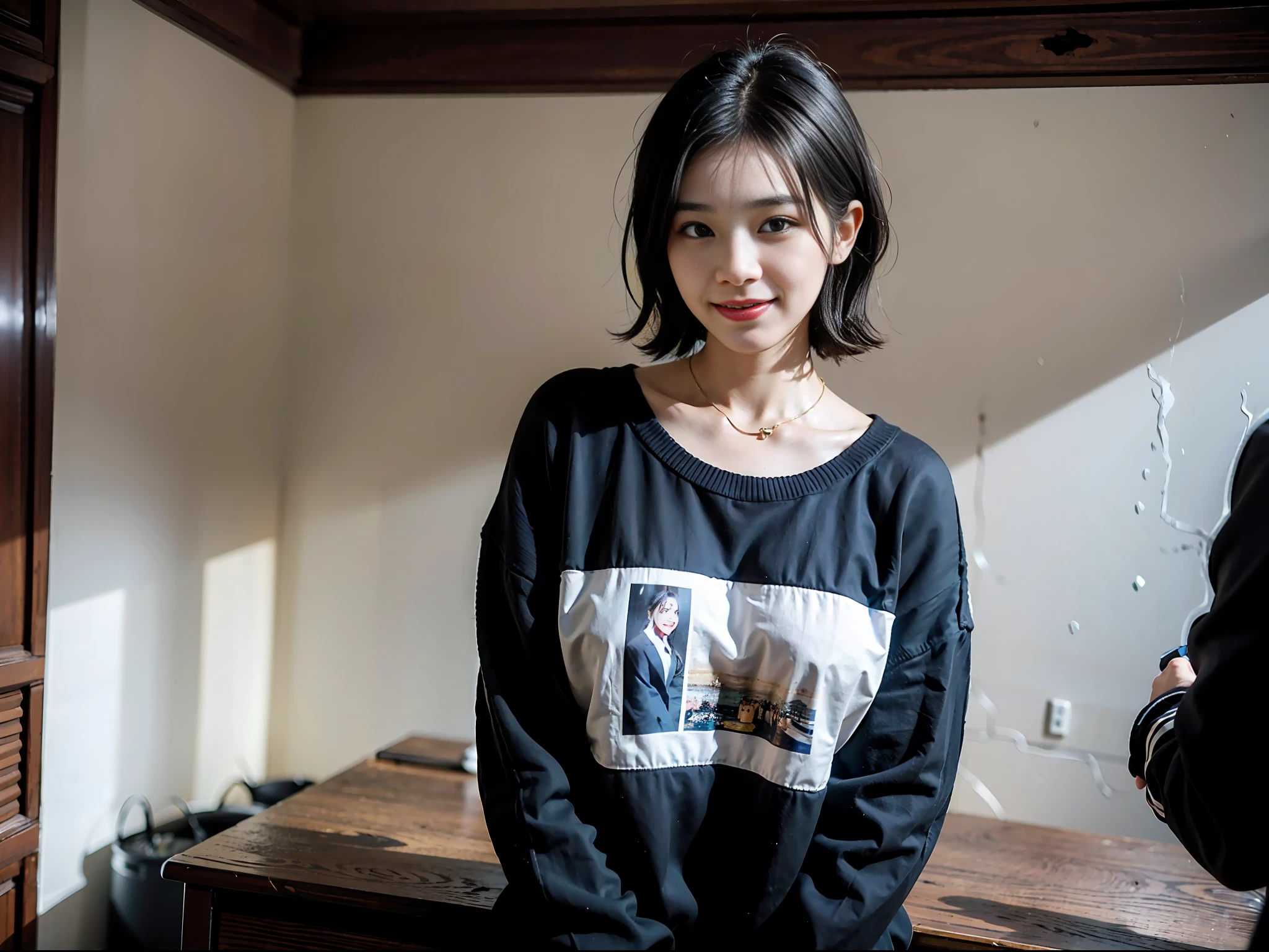 (最佳质量,8K,32K,nmasterpiece,ultra high def:1.2),Beautiful Korean woman photo,Single photo,Very short hair,Haut du corps,(Oversized_sweater,:1.1)gargantilha,simple background,touring,Smile with