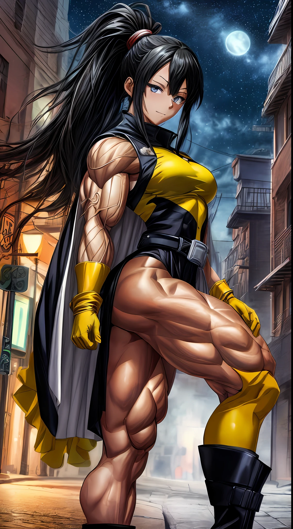 high contrast, (8K UHD:1.2), (photorealistic:1.2),(masterpiece:1.4), (best quality:1.4),extremely detailed wallpaper, highly detailed illustrations, (1 Girl), (best lighting) , (super-complex details) , 4K unified, (super-detailed CG: 1.2) , (8K: 1.2),(original), (masterpiece) , (best quality),(Masterpiece:1.4),Anime-ish high quality,(pov), nanashimura, \(boku no hero academia\), yellow gloves, black hair, long hair, folded ponytail, mole under mouth, cape, white cape, large breasts, blue eyes, sleeveless, full body bodysuit, hair between eyes, belt, boots, yellow footwear, fearless smile, muscular female, (from side, upright levitation and stylish pose, city buildings and night sky), anime picture, art cg, (ultra-detailed:1.3), masterpiece, best quality, illustration, particle lighting, beautiful detailed glow, an extremely delicate and beautiful, gleaming skin, shiny hair, detailed and delicate costumes,((muscular,muscles))