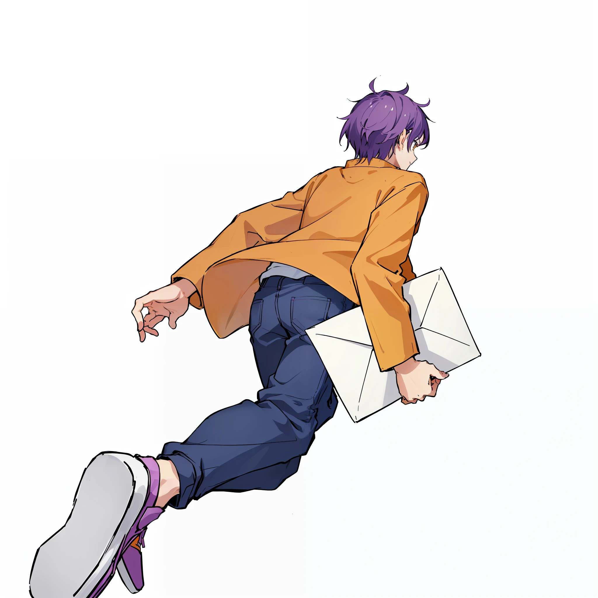 8K,Running boy,Hold the envelope in one hand, Anime boy running, Short lilac hair, Yellow long sleeves,Gray jeans,Purple shoes, shounen jump, 2 d anime style,Run in a dynamic pose,flat anime style, 2d anime, Japanese animation style, white backdrop,anime pose, flying anime esper, 最佳质量