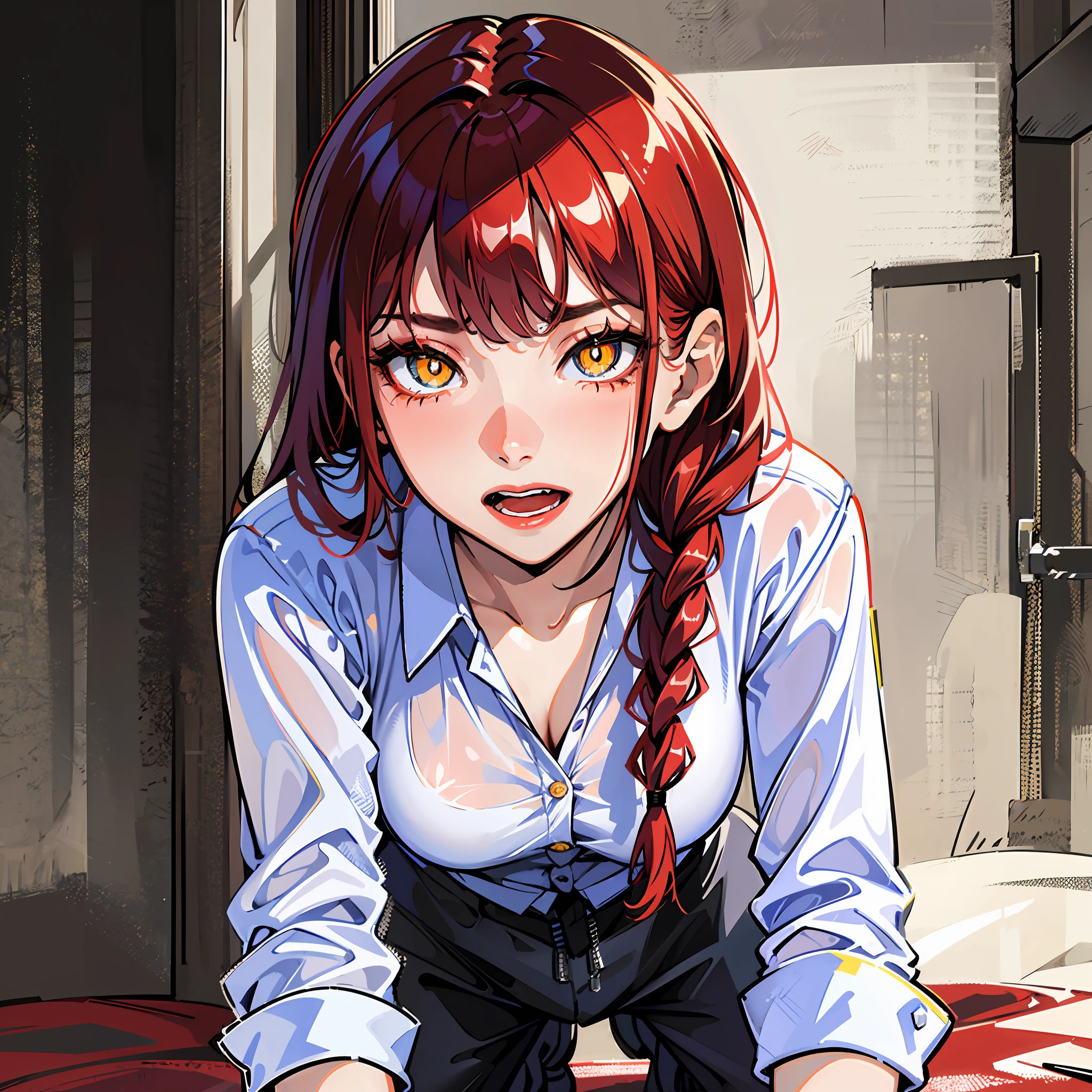 (((masterpiece))),(best quality), 1girl,solo, extremely detailed, detailed face,detailed eyes,illustration,2k,(full body:1.2), makima \(chainsaw man\), standing on all fours , red hair, long braided hair, golden eyes, wearing white Long Sleeve Button Down Cotton Linen white Shirt Blouse Loose Fit Casual V-Neck Tops ,(sinister smirk), ((In the corridor)), the portrait is centered,(close-up:1.4), (from below:1.4), (wide-angle lens:1.2) ,((night)), (bloody:1.2), (constricted pupils:1.5), (crazy smile:1.2), blood on clothes, blood on face, gaze, crazy, crazy blushing smile, open mouth, blood, blood on face ,MakimaCSM, scar, ((scar)), blood on face, long black pants, dust, ((close up shot)), blushing , nice hands, perfect hands, black pants, black shoes