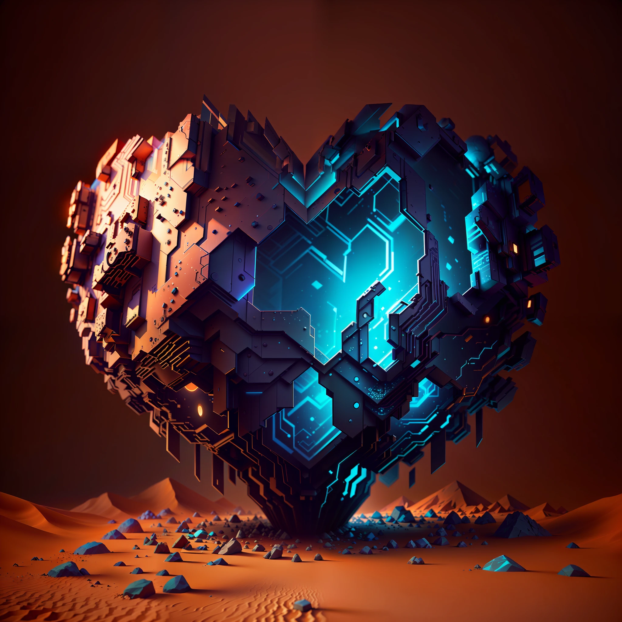 there is a heart shaped object made of rocks in the desert, volumetric light, Estilo de Arte Heartstone Original, arte conceitual emocional, inspirado em Mike Winkelmann, 3 d render stylized, renderizado em octanagem, 8k arte impressionante, 3 d renderizado em octanagem, inspirado em Christopher Balaskas, 3d renderizado em octanagem, arte renderizada, 3 d render bipe