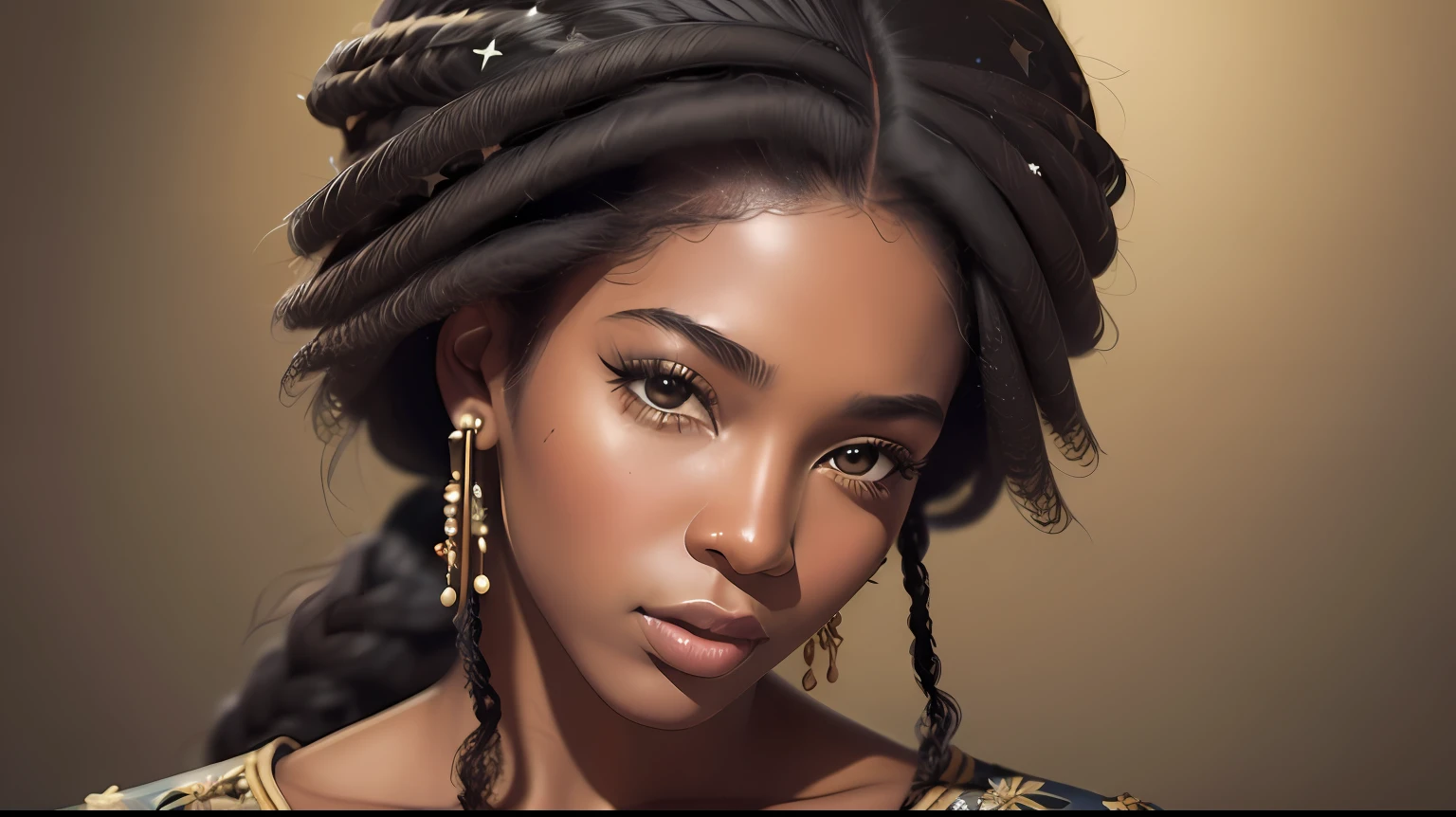 Cinematic photorealistic portrait of a Caribbean Queen. She's adorned in vibrant, tropical colors typical of the region, with a detailed, intricate headdress featuring local flora and fauna. Her attire is regal and reflects her stature, with handcrafted jewelry showcasing gemstones found in the Caribbean. Her eyes sparkle with wisdom and a sense of calm authority. The backdrop is a sweeping view of the Caribbean Sea, with its sparkling clear blue waters, under a stunning sunset. The lighting should have a golden hue, casting dramatic shadows and highlights. The style is inspired by hyper-realistic artists like Chuck Close and Alyssa Monks, with high definition details, especially on her facial expressions, top quality, delicate face, best quality, masterpiece, ultra high definition, (reality: 1.4), original photo, 1Girl, brown eyes, cinematic lighting, dark eyeliner, small earrings, small necklace, wind, piercing, very big breasts, big, cleavage, happy smile (original: 1.2), (real: 1.4), absurdity, incredibly absurd, ultra detailed, high resolution, ultra detail, best quality, fantastic, best quality, highly detailed CG unity 8k wallpaper, cinematic lighting, (perfect shiny brown skin: 0.6 ), slender flowing lines, slim waist, elaborate robes, jewelry, jewelry, gold, silver, diamonds, glitter, sapphires, rubies, emeralds, pearls, --auto