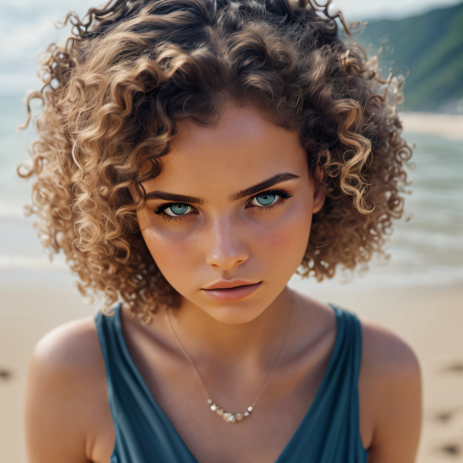 (sharp focus:1.2), photo, attractive young woman, (beautiful face:1.1), detailed eyes, luscious lips, (cat eye makeup:0.85), (large eyes:1.0), (toned body:1.2), (curly hair:1.2), wearing (romper:1.2) on a (beach:1.2). (moody lighting:1.2), depth of field, bokeh, 4K, HDR. by (James C. Christensen:1.2|Jeremy Lipking:1.1). --auto