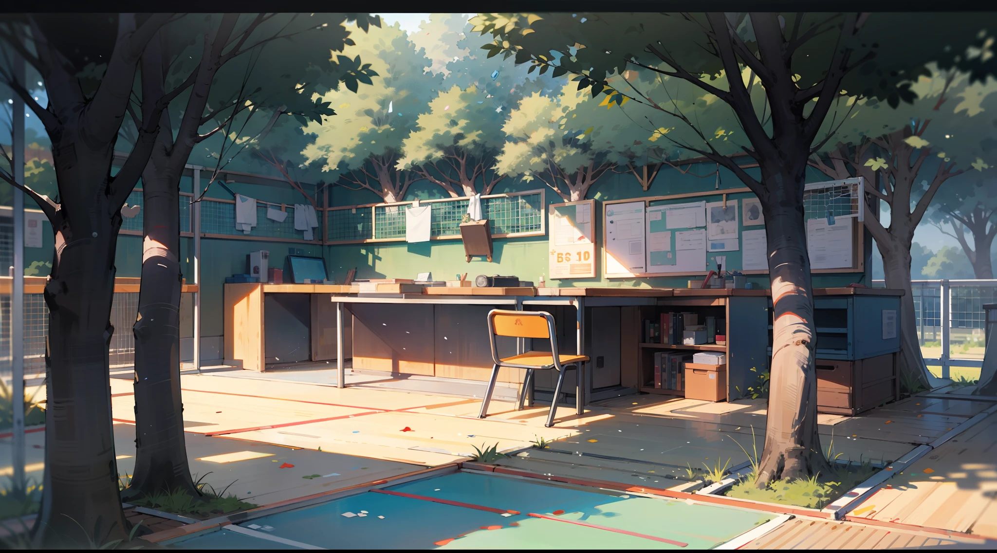 （View of the Japanese campus），In a Japanese anime style，Refer to Hayao Miyazaki，Shinkai，（schools，playground，Depth），（wood planks，green trees，florals，classroom desk，chalkboard，Pool，basketball court，running track），abundant detail，Quiet and elegant atmosphere，Cool tones are the keynote，Delicate and soft painting style，Cinematic lighting effects，high-definition picture quality，Gentle light，Dreamlike，abundant detail，32K