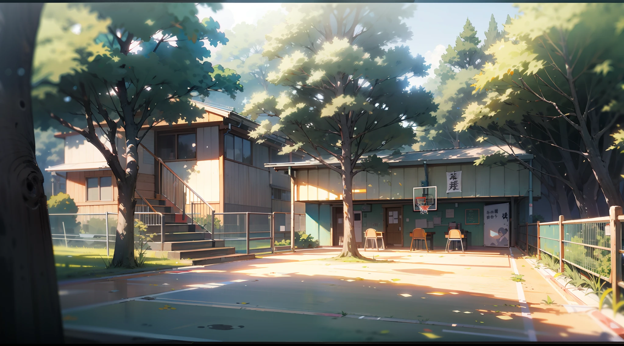 （View of the Japanese campus），In a Japanese anime style，Refer to Hayao Miyazaki，Shinkai，（schools，playground，Depth），（wood planks，green trees，florals，classroom desk，chalkboard，Pool，basketball court，running track），abundant detail，Quiet and elegant atmosphere，Cool tones are the keynote，Delicate and soft painting style，Cinematic lighting effects，high-definition picture quality，Gentle light，Dreamlike，abundant detail，32K
